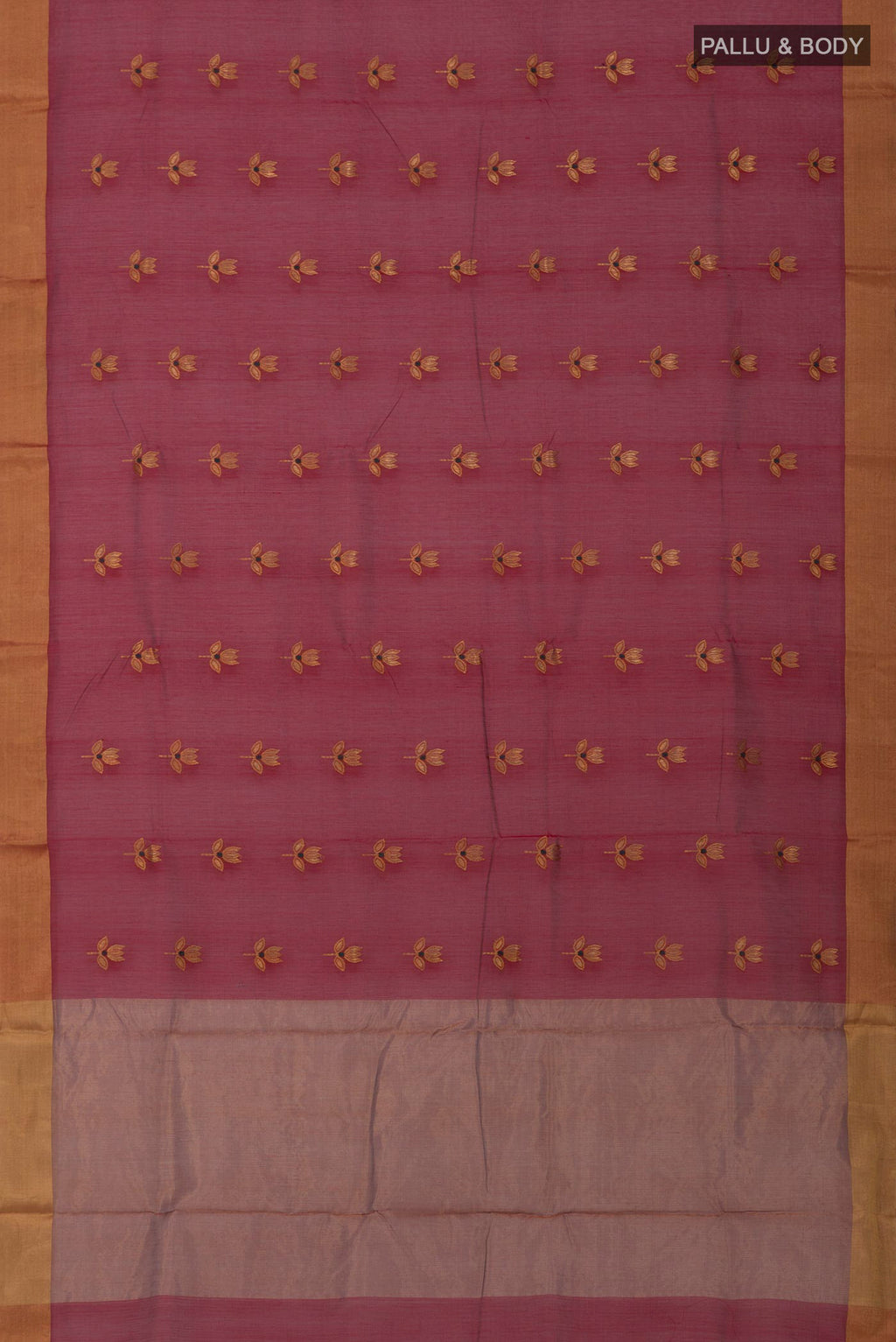 Flat view of Red Chanderi Silk Cotton Saree with Zari Butta on the body and Zari Border. 