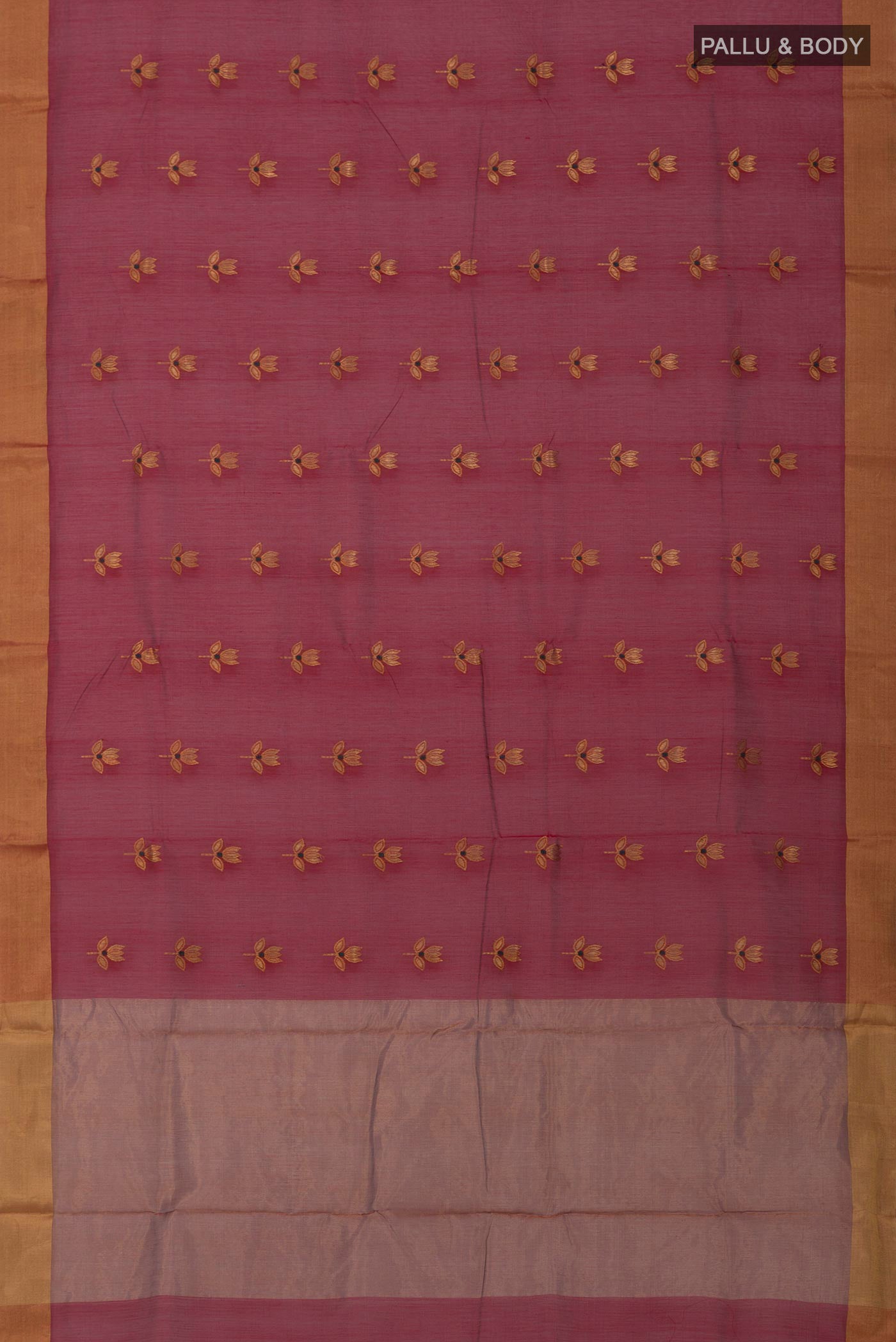 Flat view of Red Chanderi Silk Cotton Saree with Zari Butta on the body and Zari Border. 
