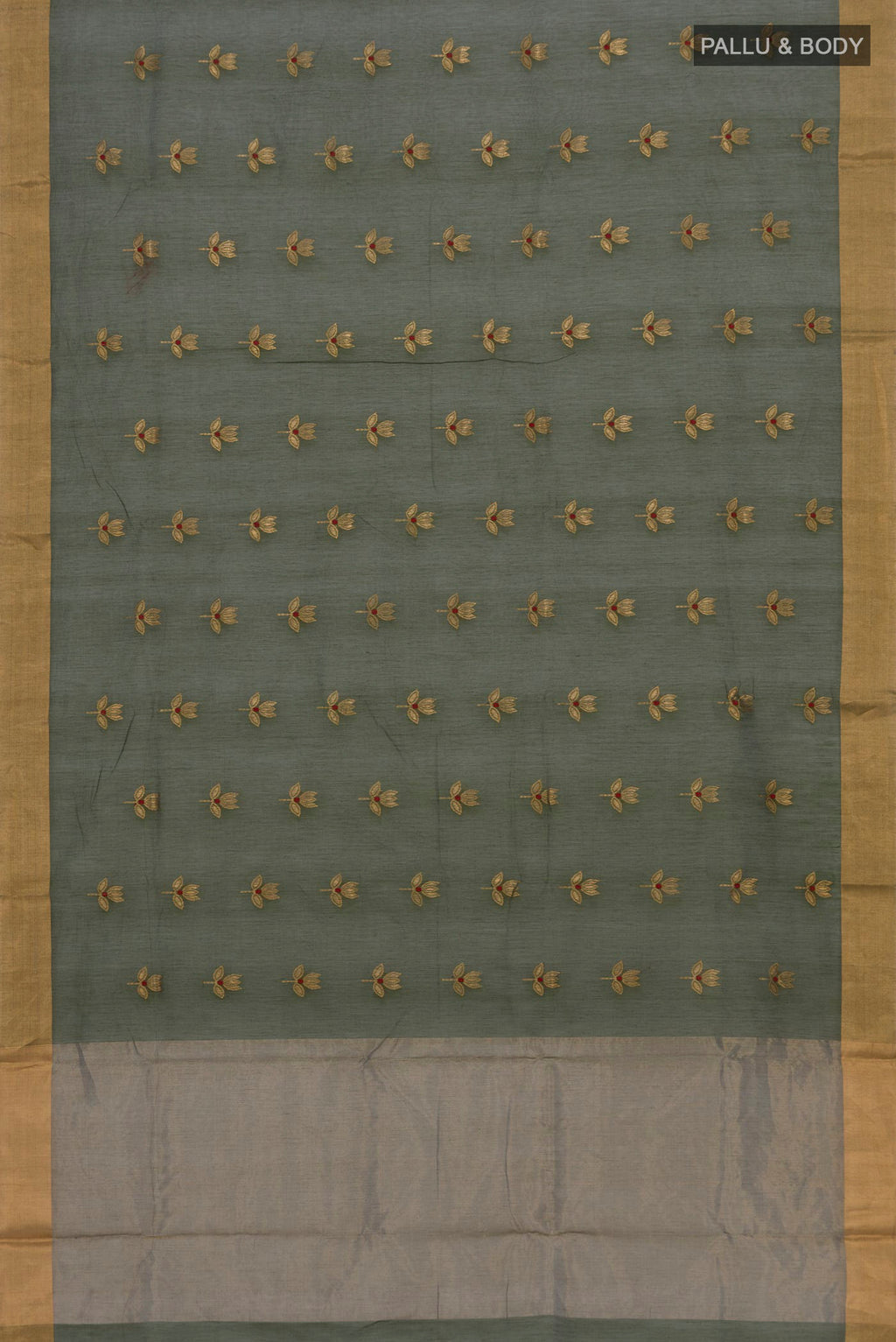 Flat view of Mehandi Green Chanderi Silk Cotton Saree with Zari Butta on the body and Zari Border. 
