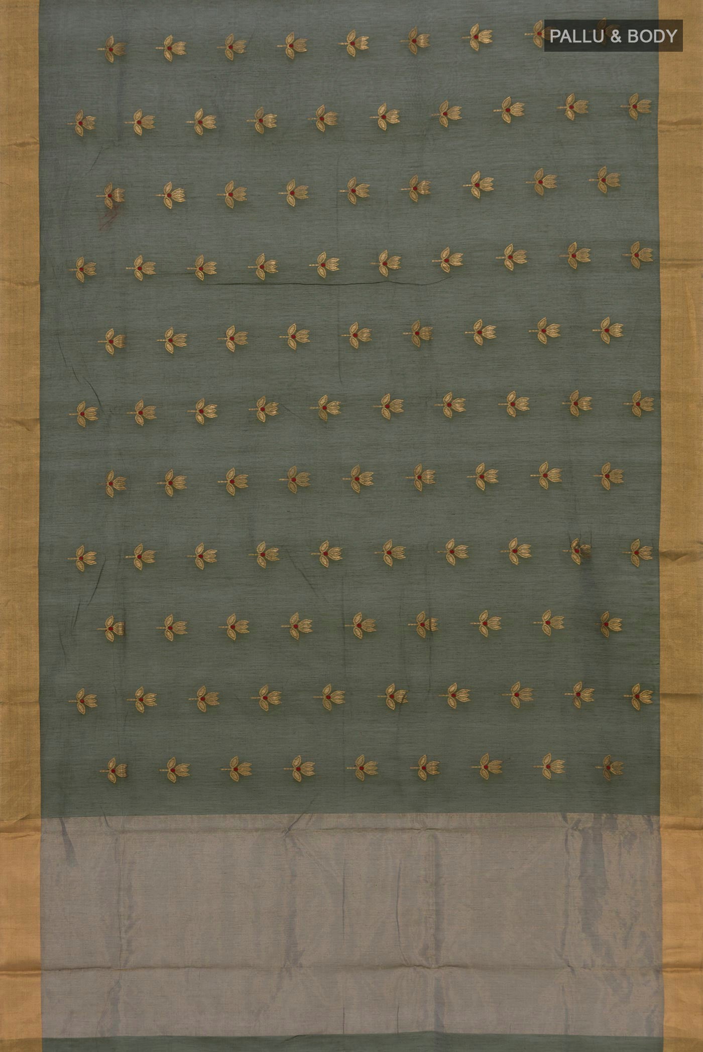 Flat view of Mehandi Green Chanderi Silk Cotton Saree with Zari Butta on the body and Zari Border. 