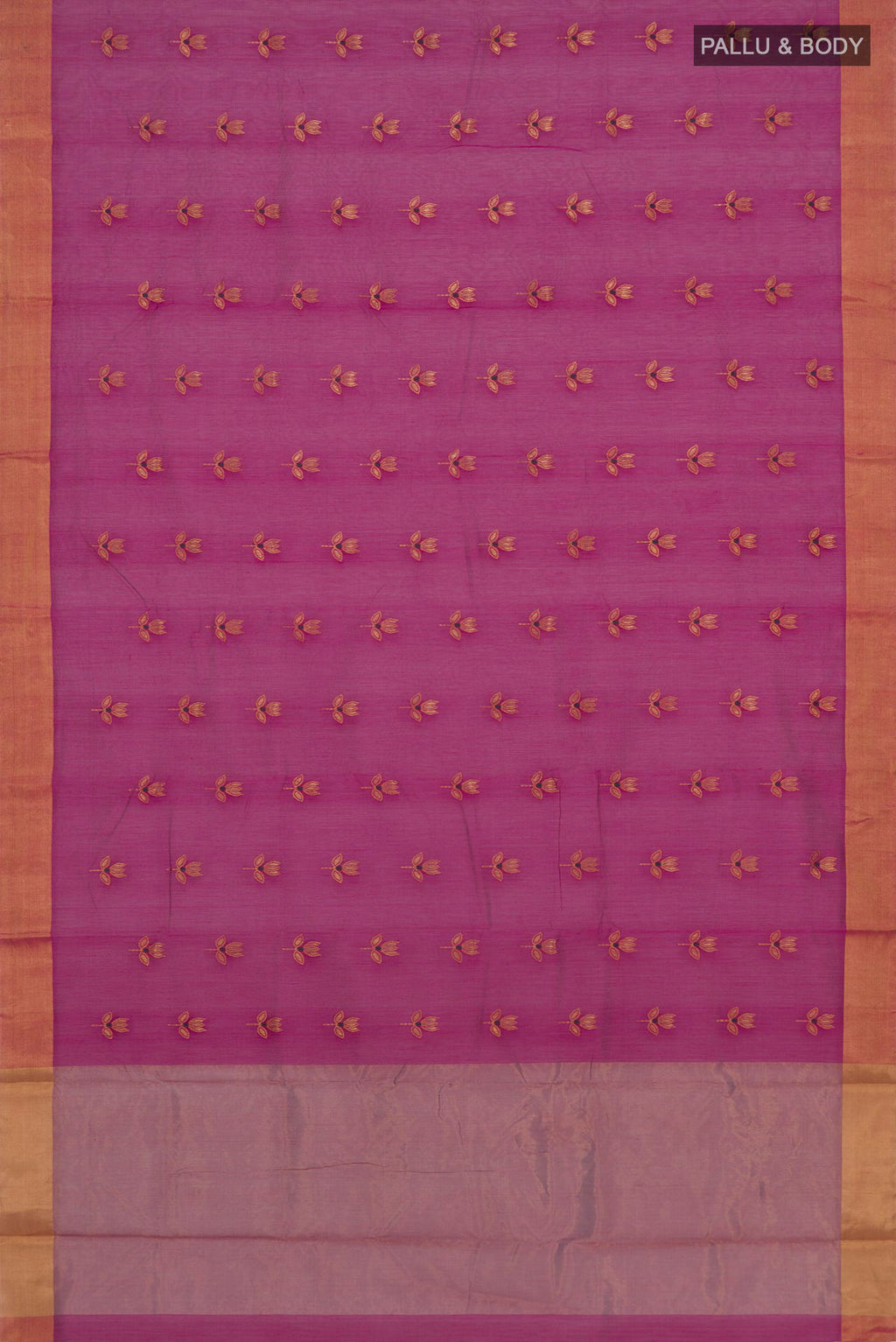 Flat view of Pink Chanderi Silk Cotton Saree with Zari Butta on the body and Zari Border. 