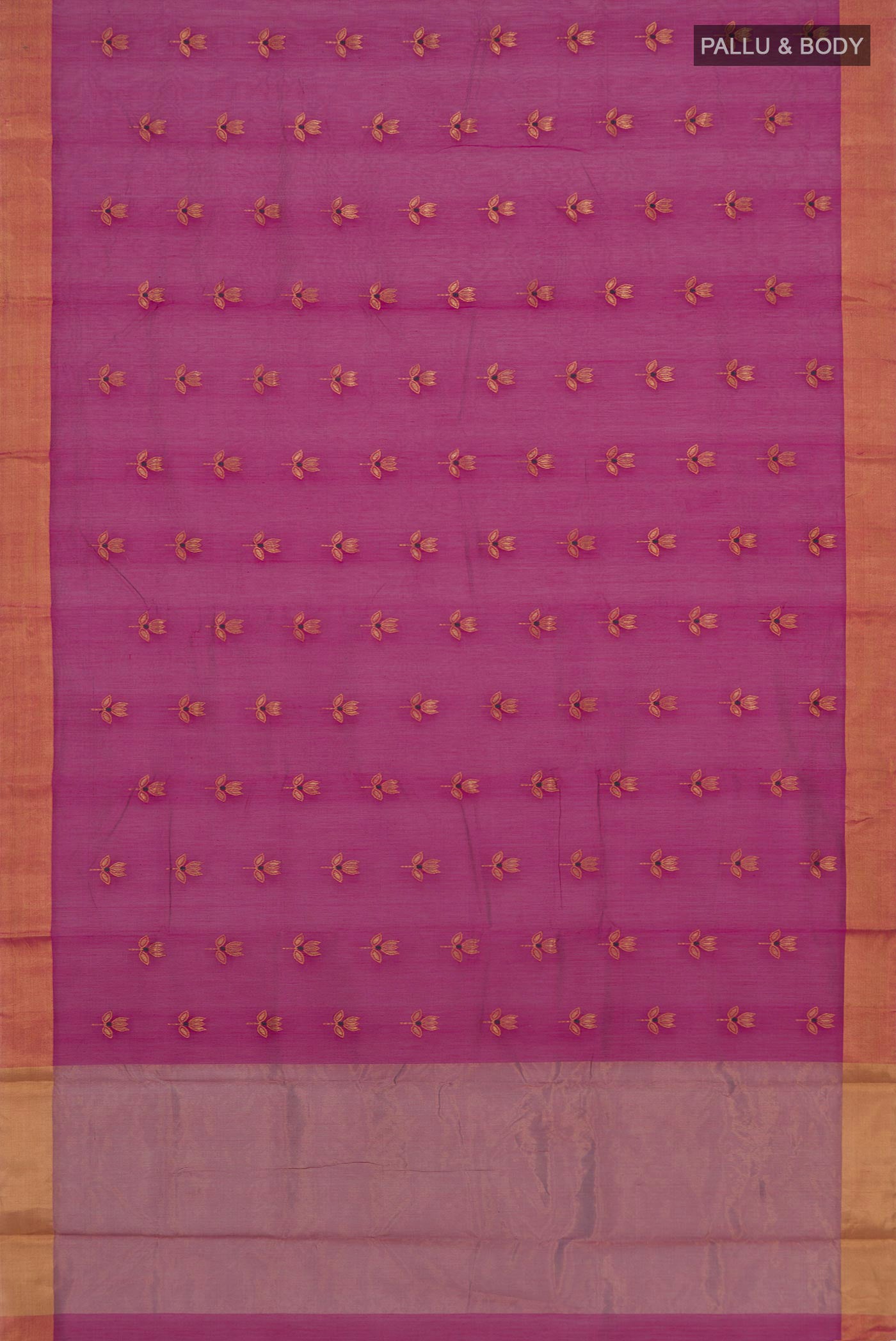 Flat view of Pink Chanderi Silk Cotton Saree with Zari Butta on the body and Zari Border. 