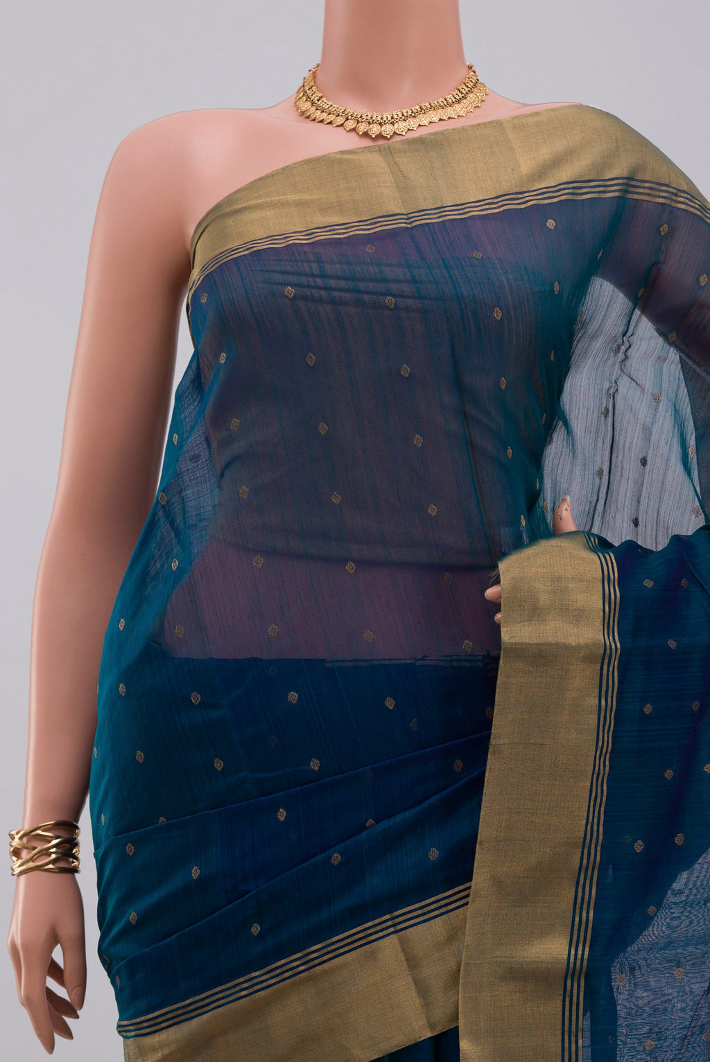 Border image of Blue Chanderi Silk Cotton Saree with Zari Butta on the body and Zari Border. 