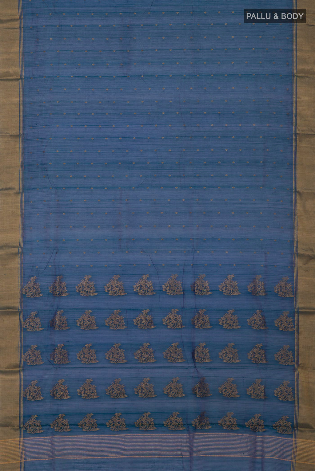 Flat view of Blue Chanderi Silk Cotton Saree with Zari Butta on the body and Zari Border. 