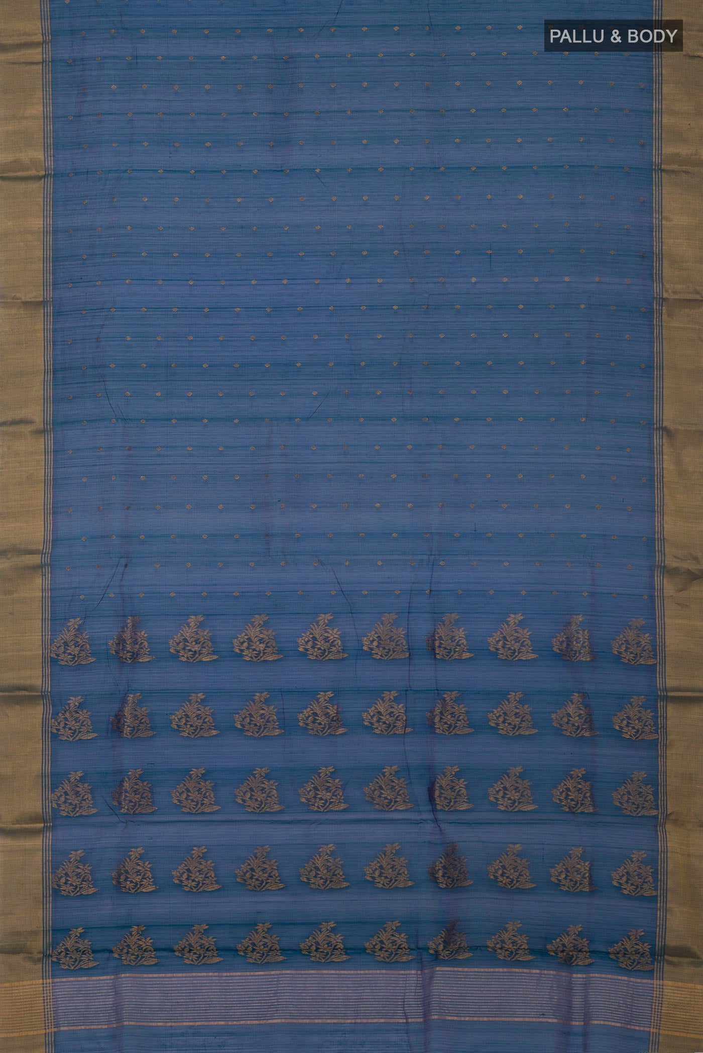 Flat view of Blue Chanderi Silk Cotton Saree with Zari Butta on the body and Zari Border. 