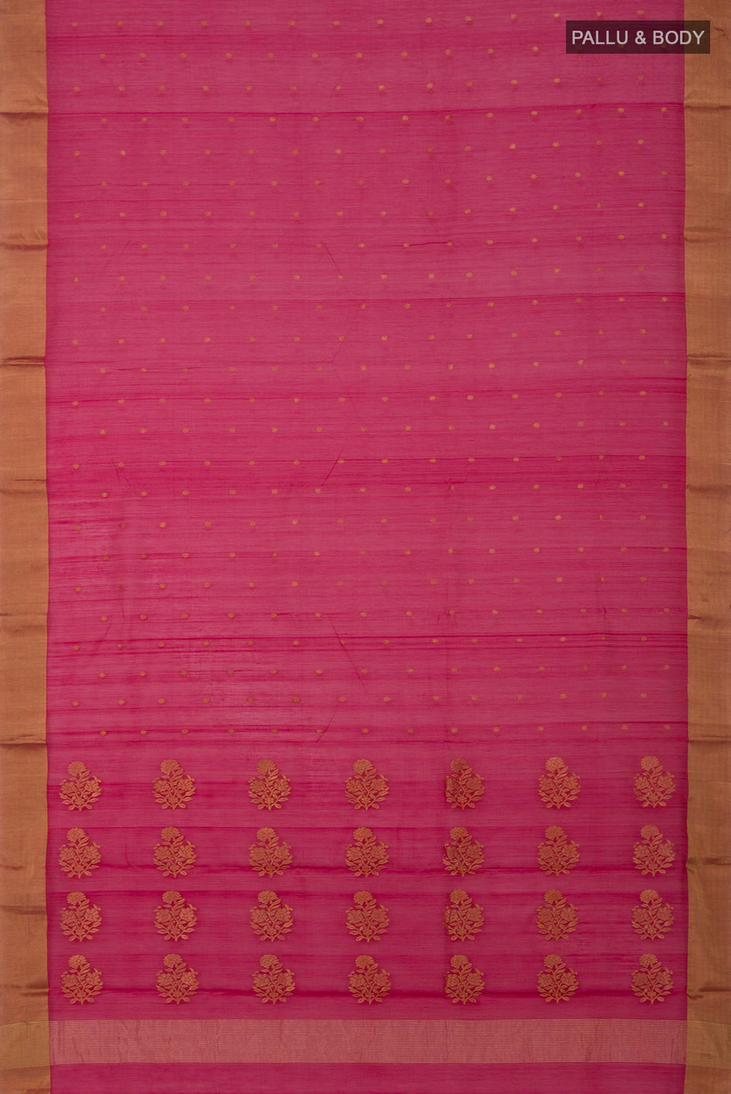 Flat view of Pink Chanderi Silk Cotton Saree with Zari Butta on the body and Zari Border. 