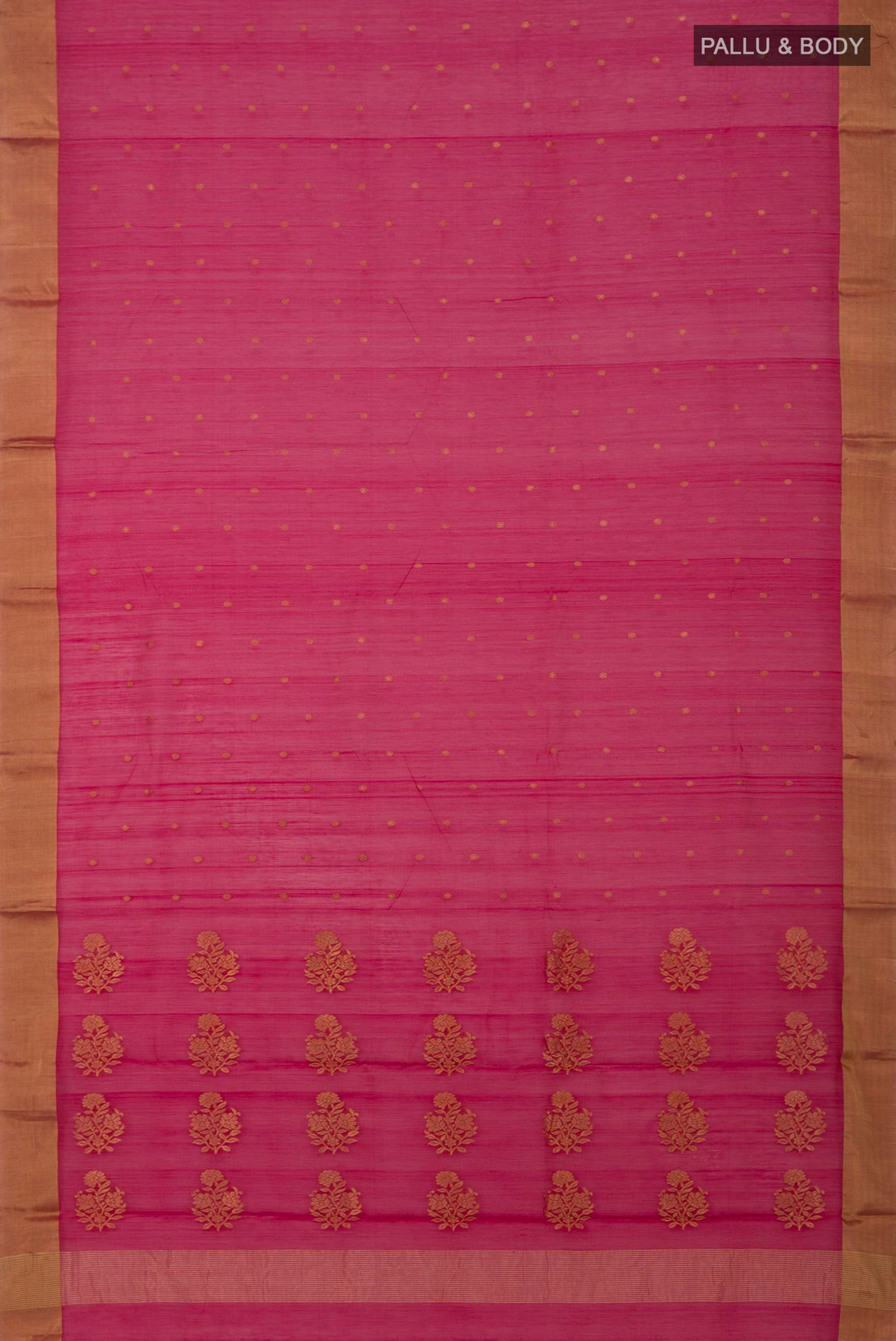 Flat view of Pink Chanderi Silk Cotton Saree with Zari Butta on the body and Zari Border. 