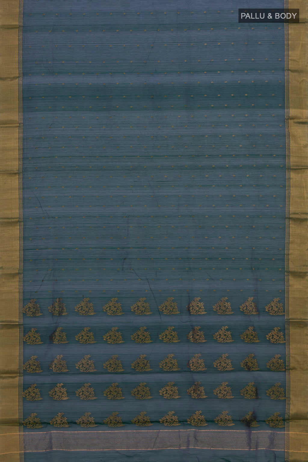 Flat view of Green Dual Tone Chanderi Silk Cotton Saree with Zari Butta on the body and Zari Border. 