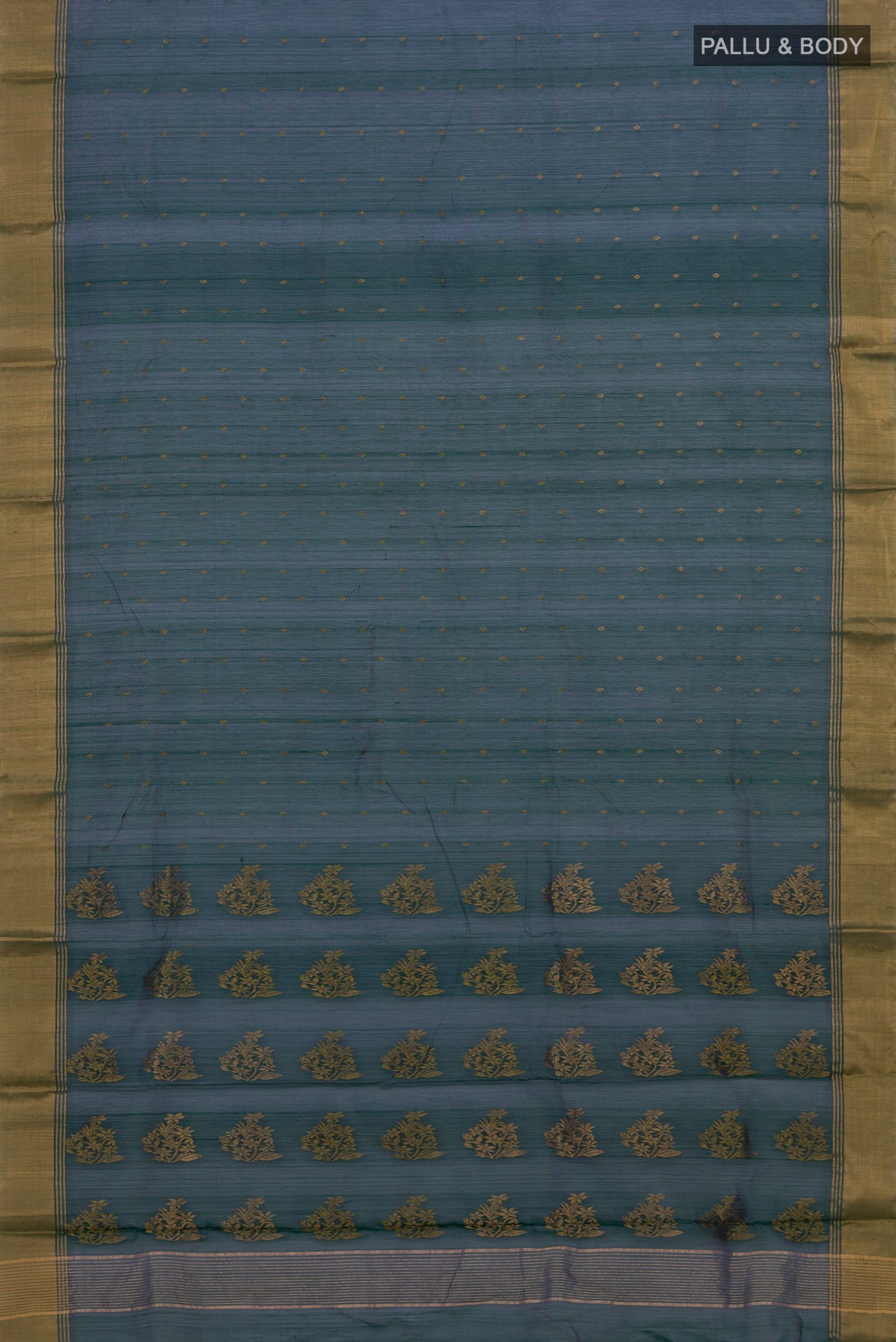 Flat view of Green Dual Tone Chanderi Silk Cotton Saree with Zari Butta on the body and Zari Border. 