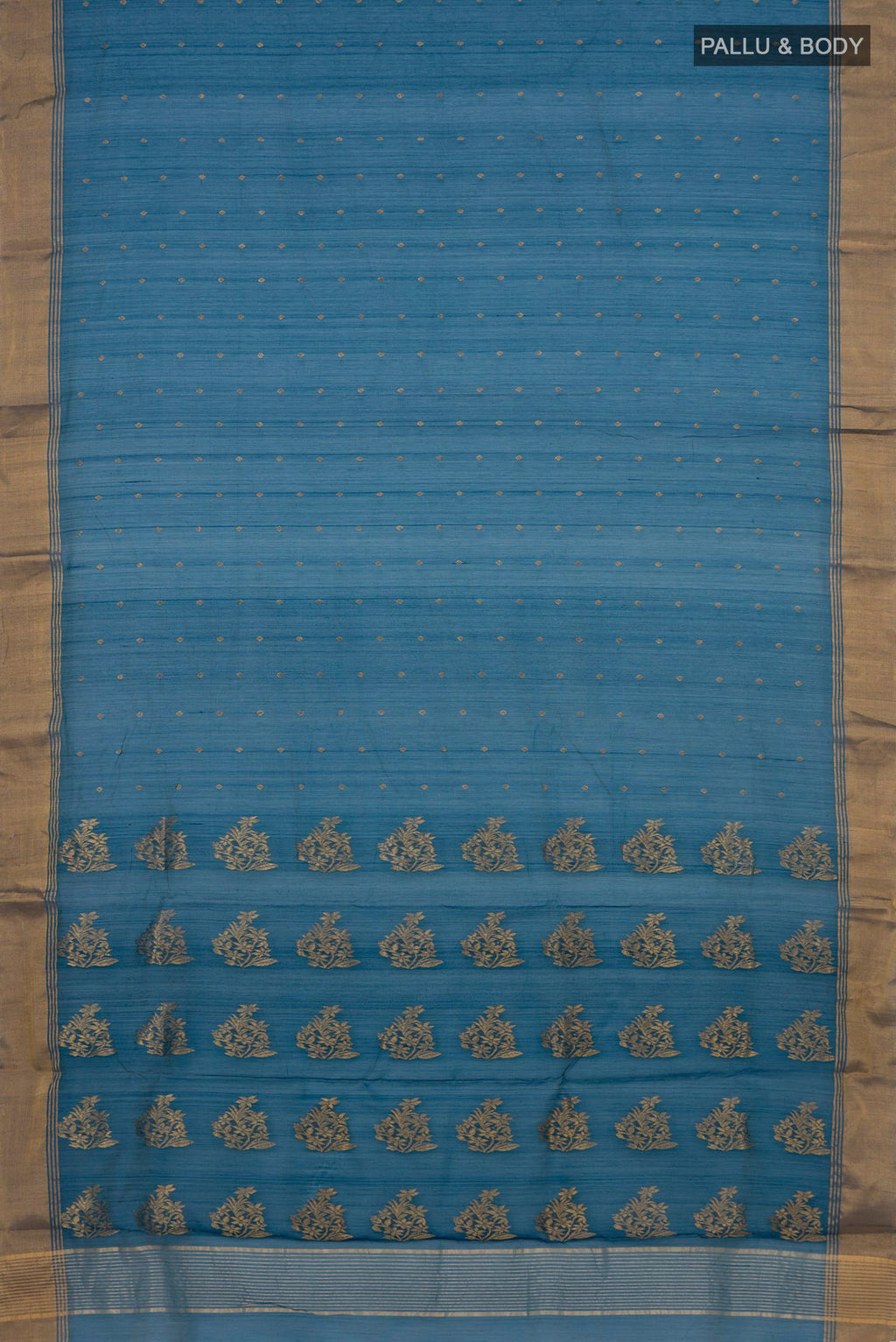 Flat view of Blue Chanderi Silk Cotton Saree with Zari Butta on the body and Zari Border. 