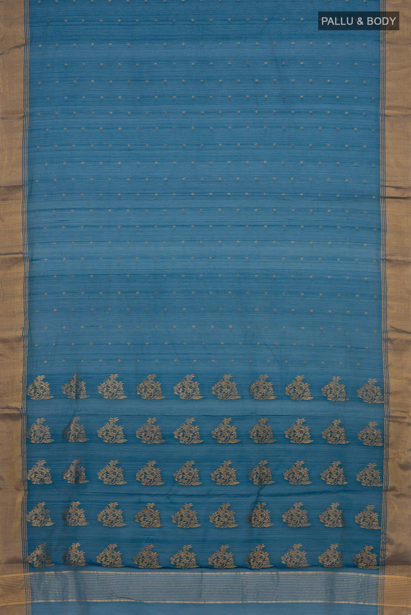 Flat view of Blue Chanderi Silk Cotton Saree with Zari Butta on the body and Zari Border. 