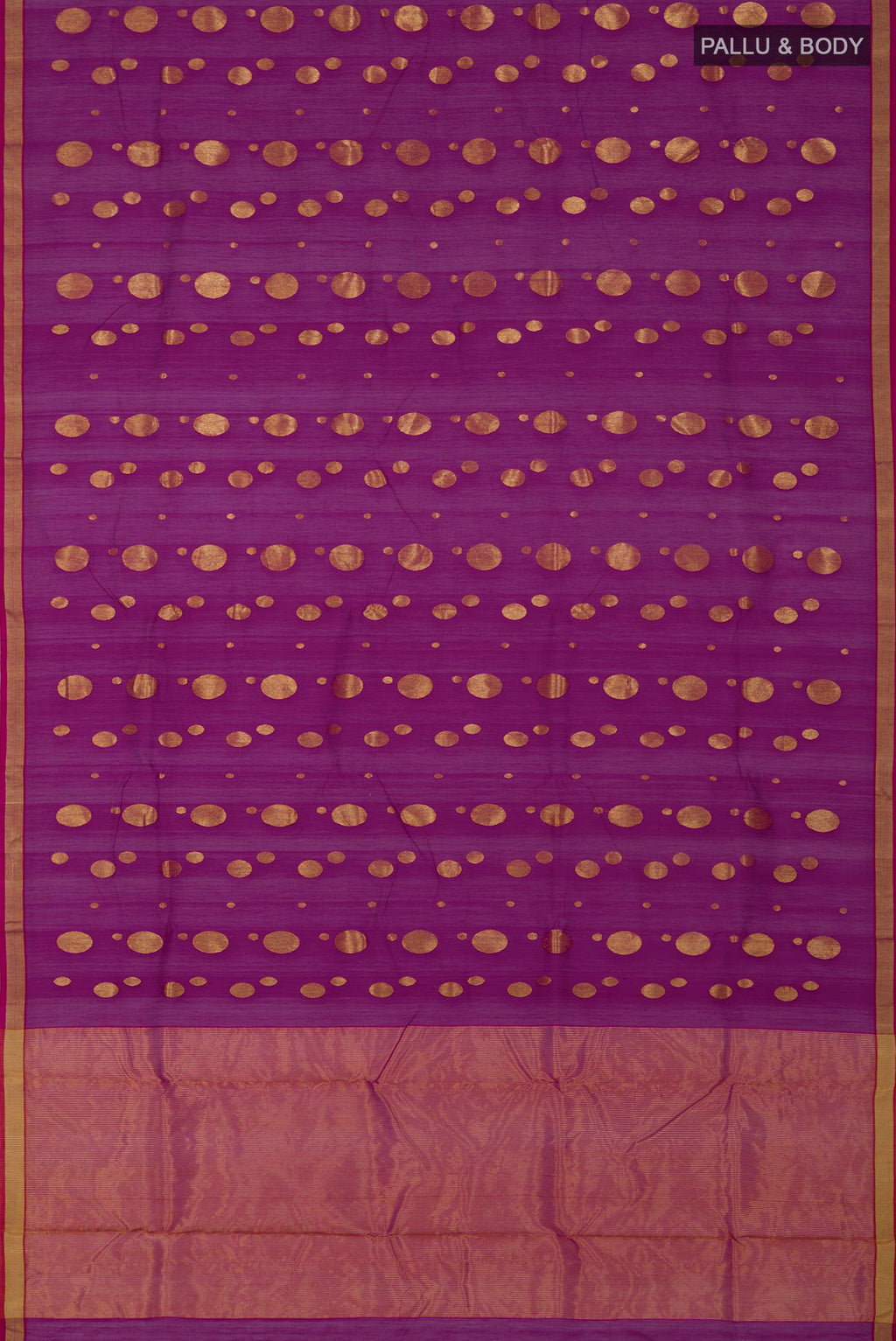 Flat view of Magenta Chanderi Silk Cotton Saree with Zari Butta on the body and Zari Border. 