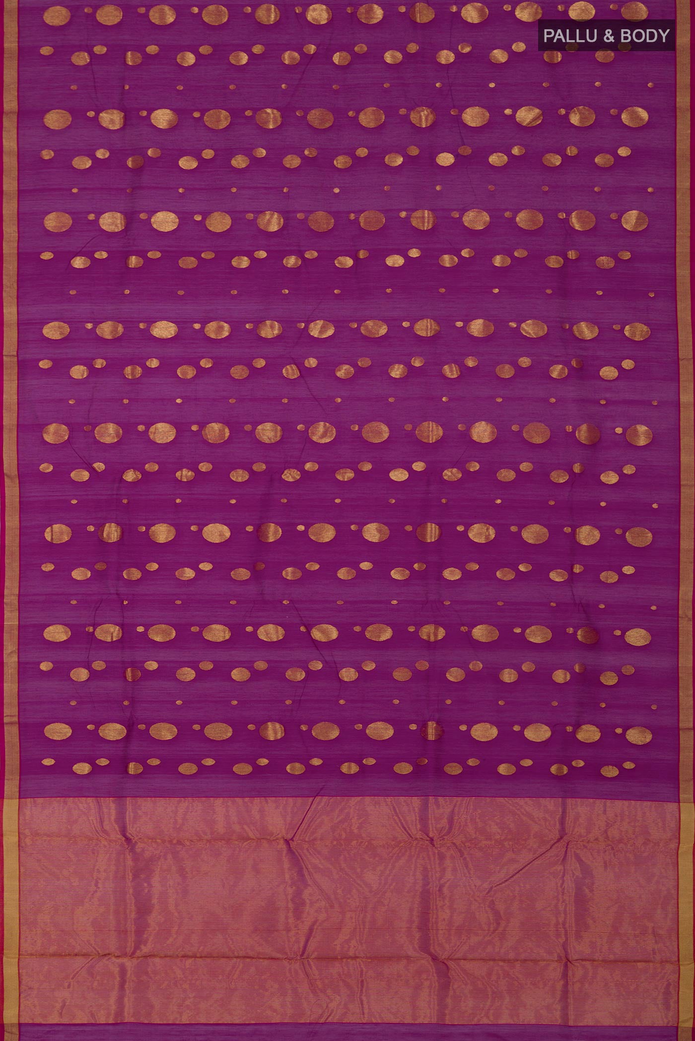 Flat view of Magenta Chanderi Silk Cotton Saree with Zari Butta on the body and Zari Border. 