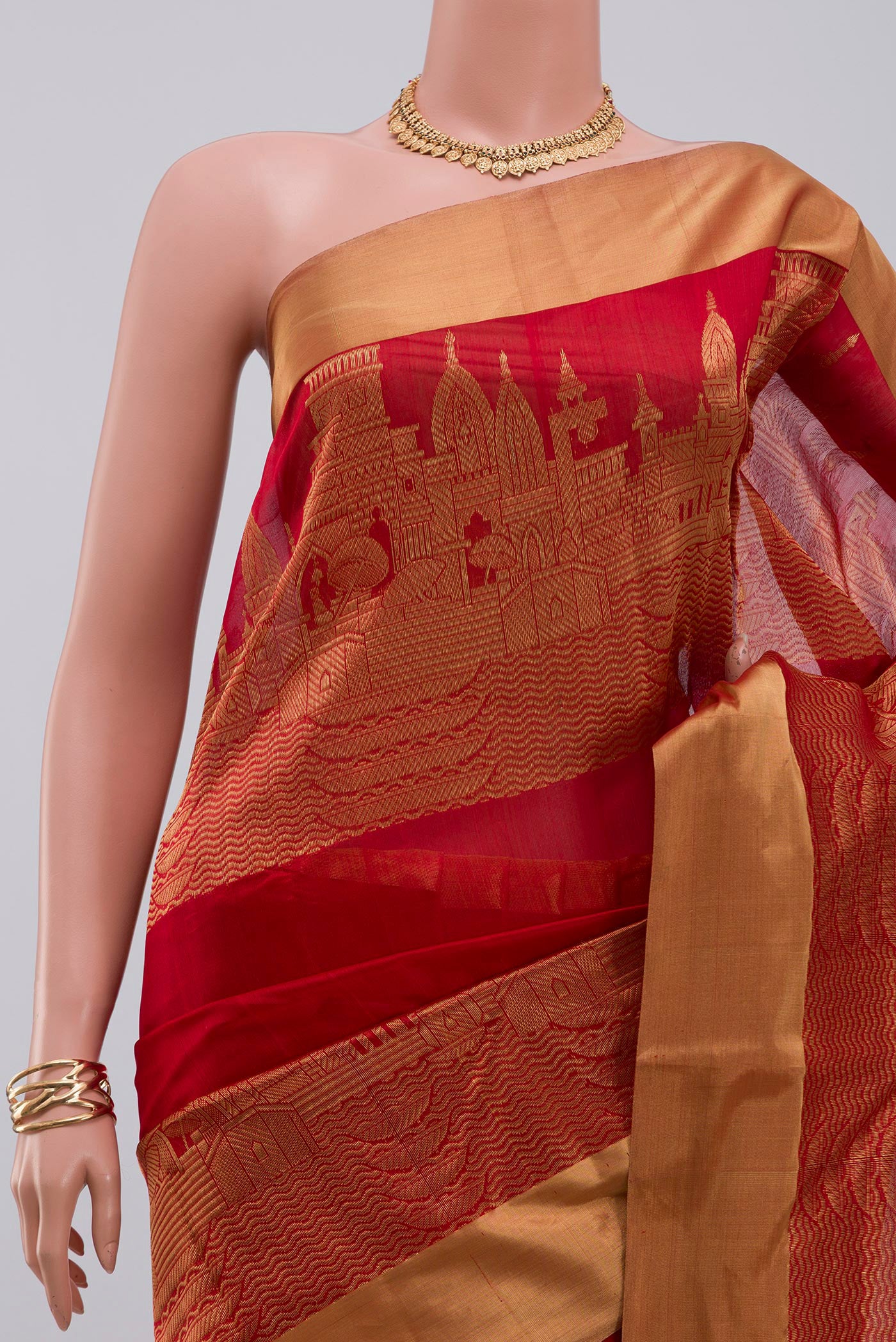 Border image of Red Chanderi Silk Cotton Saree with Plain Body and Zari Border. 