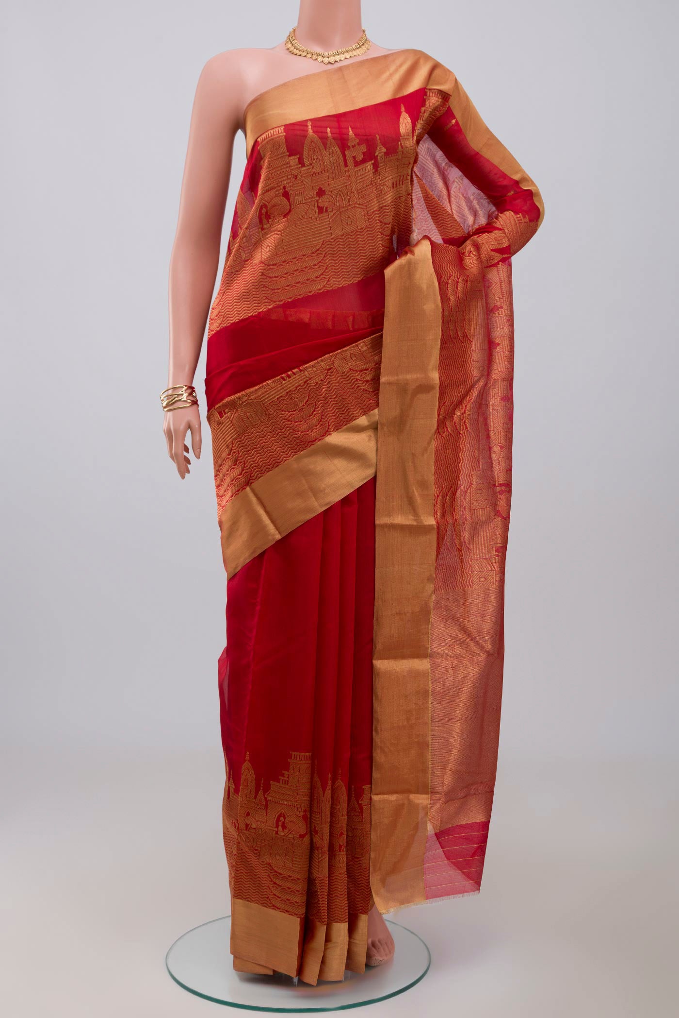 Red Chanderi Silk Cotton Saree with Plain Body and Zari Border.  displayed on a mannequin