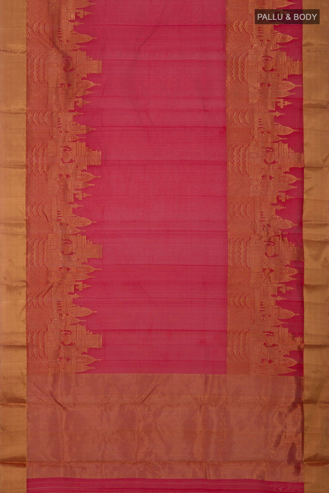 Flat view of Red Chanderi Silk Cotton Saree with Plain Body and Zari Border. 
