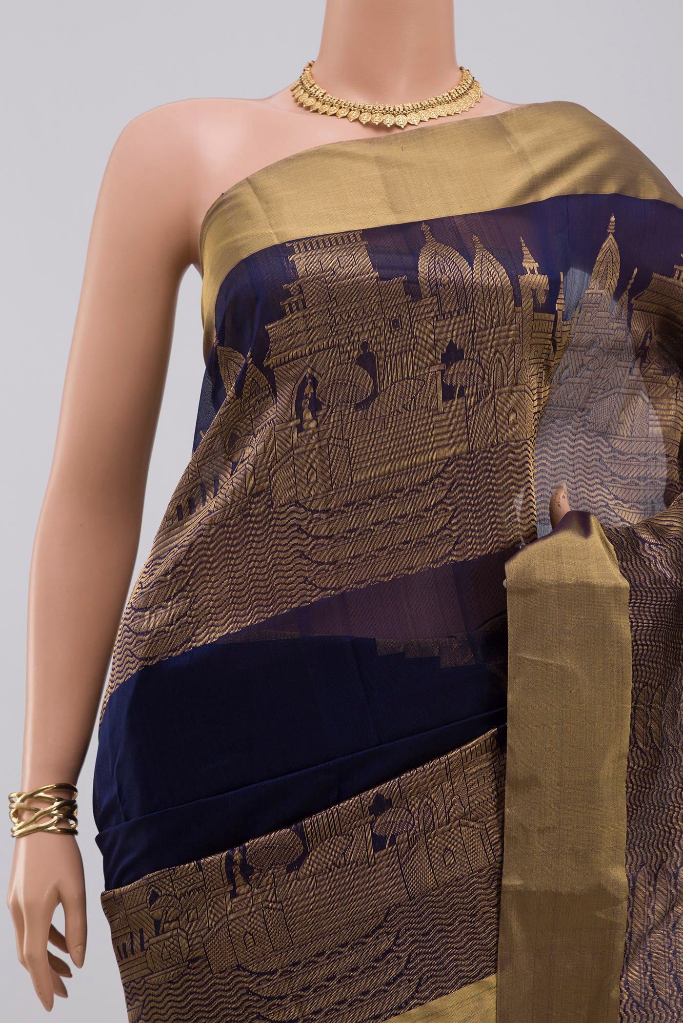 Border image of Blue Chanderi Silk Cotton Saree with Plain Body and Zari Border. 