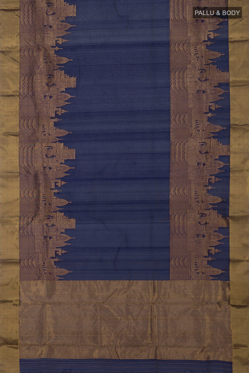 Flat view of Blue Chanderi Silk Cotton Saree with Plain Body and Zari Border. 