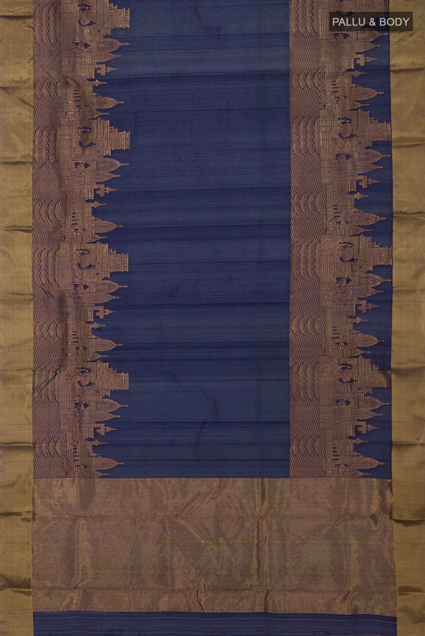 Flat view of Blue Chanderi Silk Cotton Saree with Plain Body and Zari Border. 