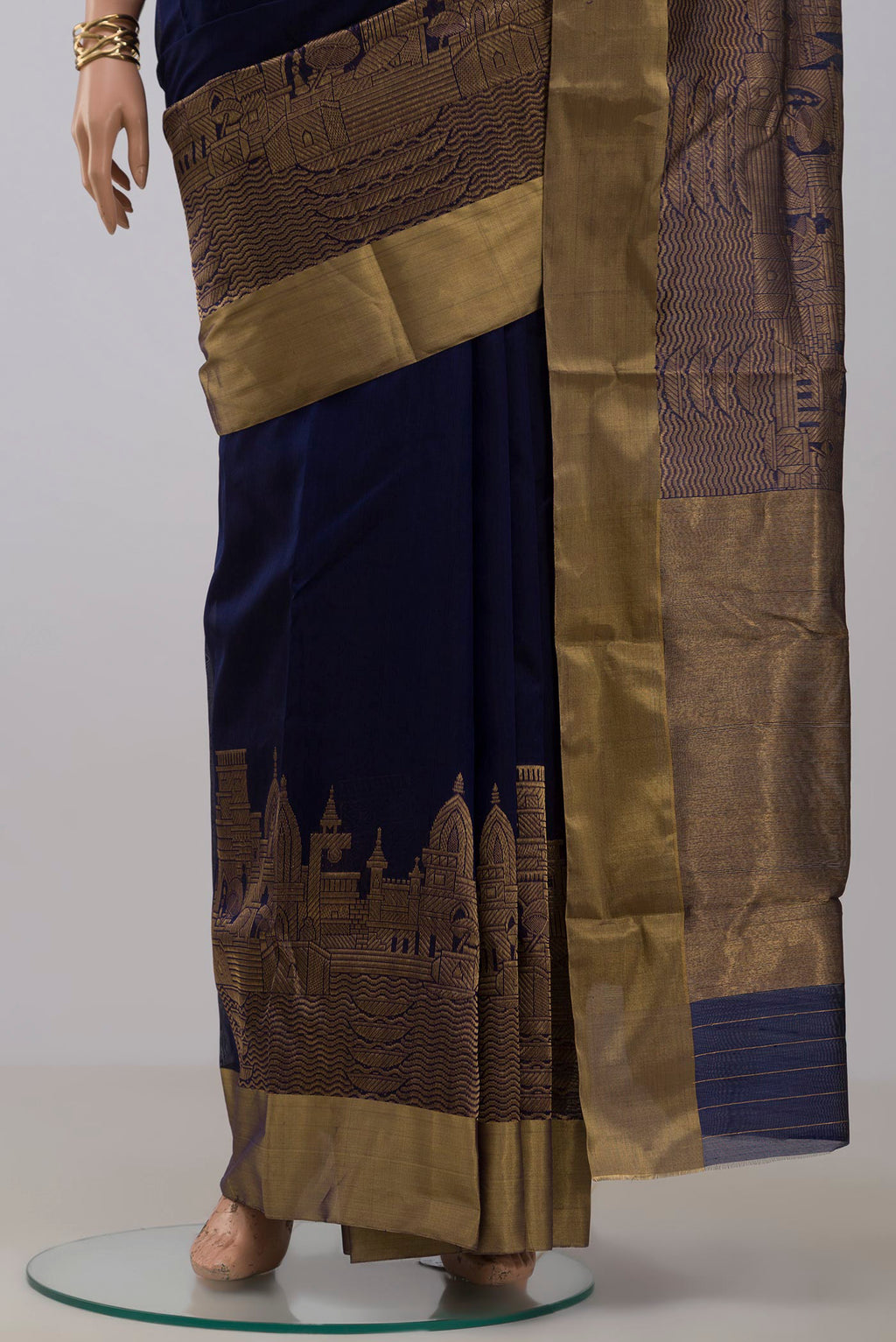 Pleats and pallu of Blue Chanderi Silk Cotton Saree with Plain Body and Zari Border. 