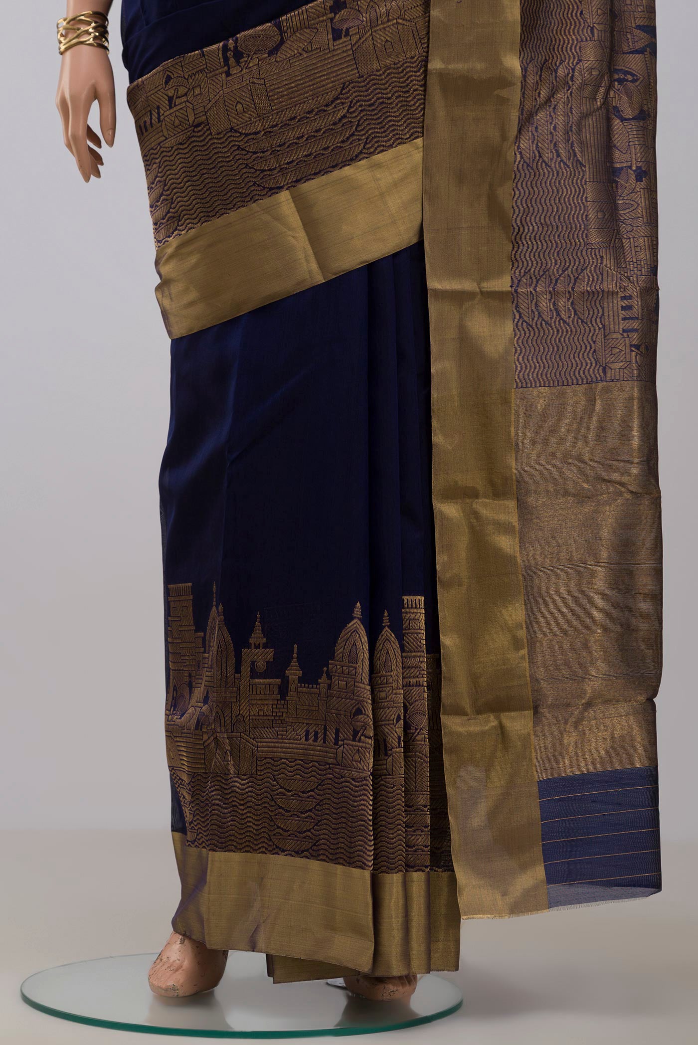 Pleats and pallu of Blue Chanderi Silk Cotton Saree with Plain Body and Zari Border. 