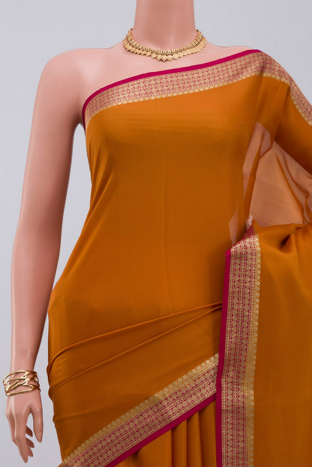 Border image of Yellow Mysore Crepe Saree with Plain Body and Zari Border. 