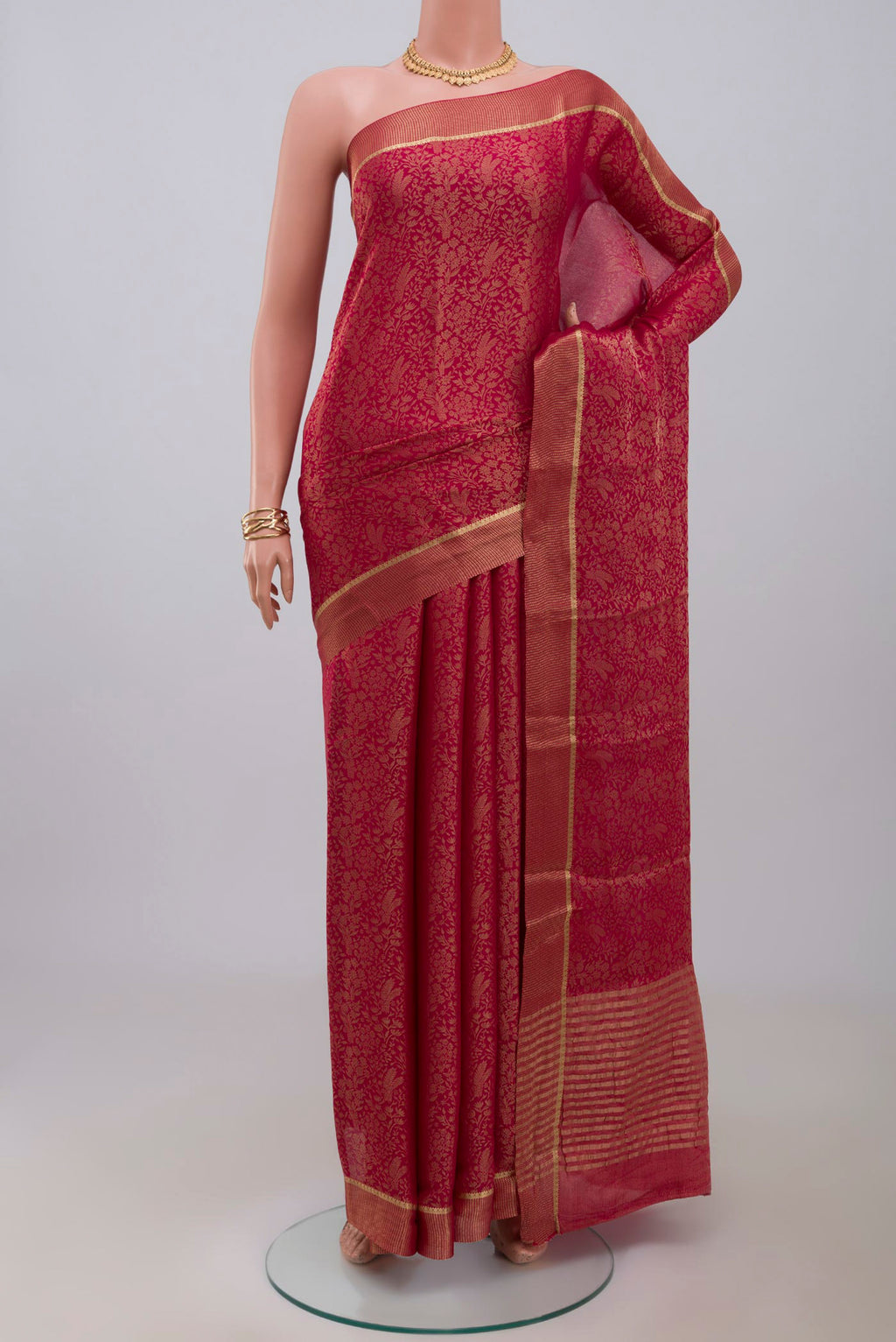 Pink Mysore Georgette Saree with Zari Brocade on the body and Zari Border.  displayed on a mannequin