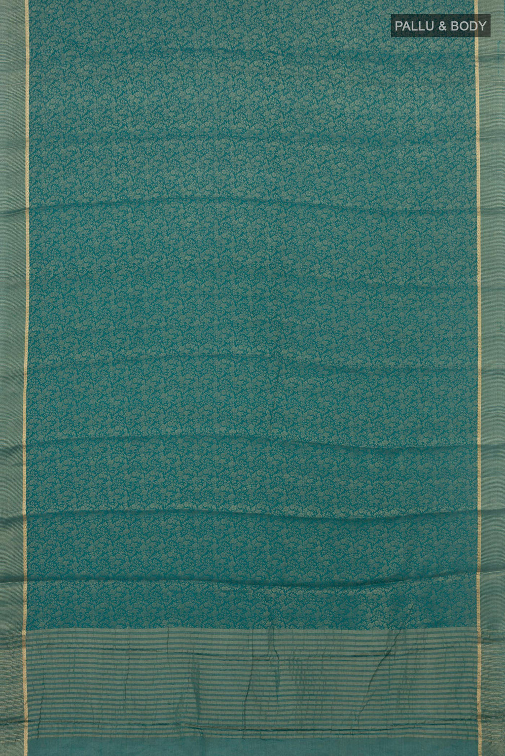 Flat view of Peacock Blue Mysore Georgette Saree with Fancy on the body and Zari Border. 