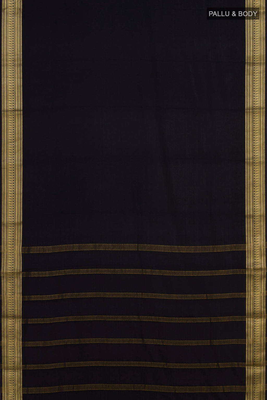 Flat view of Black Mysore Crepe Saree with Plain Body and Zari Border. 