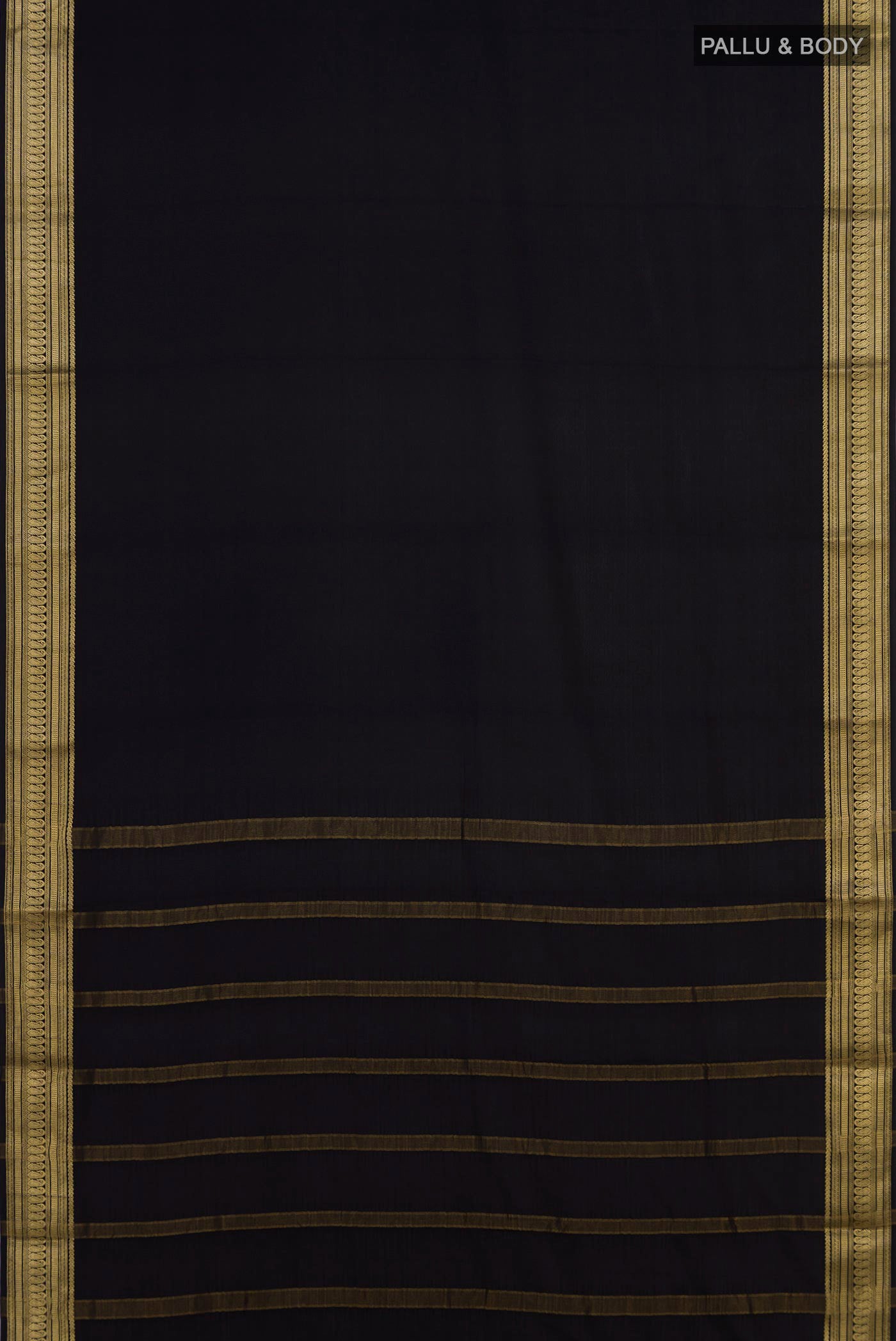 Flat view of Black Mysore Crepe Saree with Plain Body and Zari Border. 