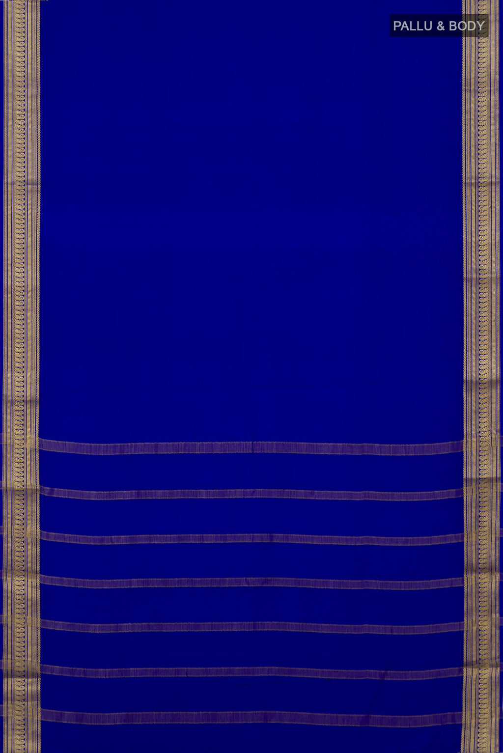 Flat view of Royal Blue Mysore Crepe Saree with Plain Body and Zari Border. 