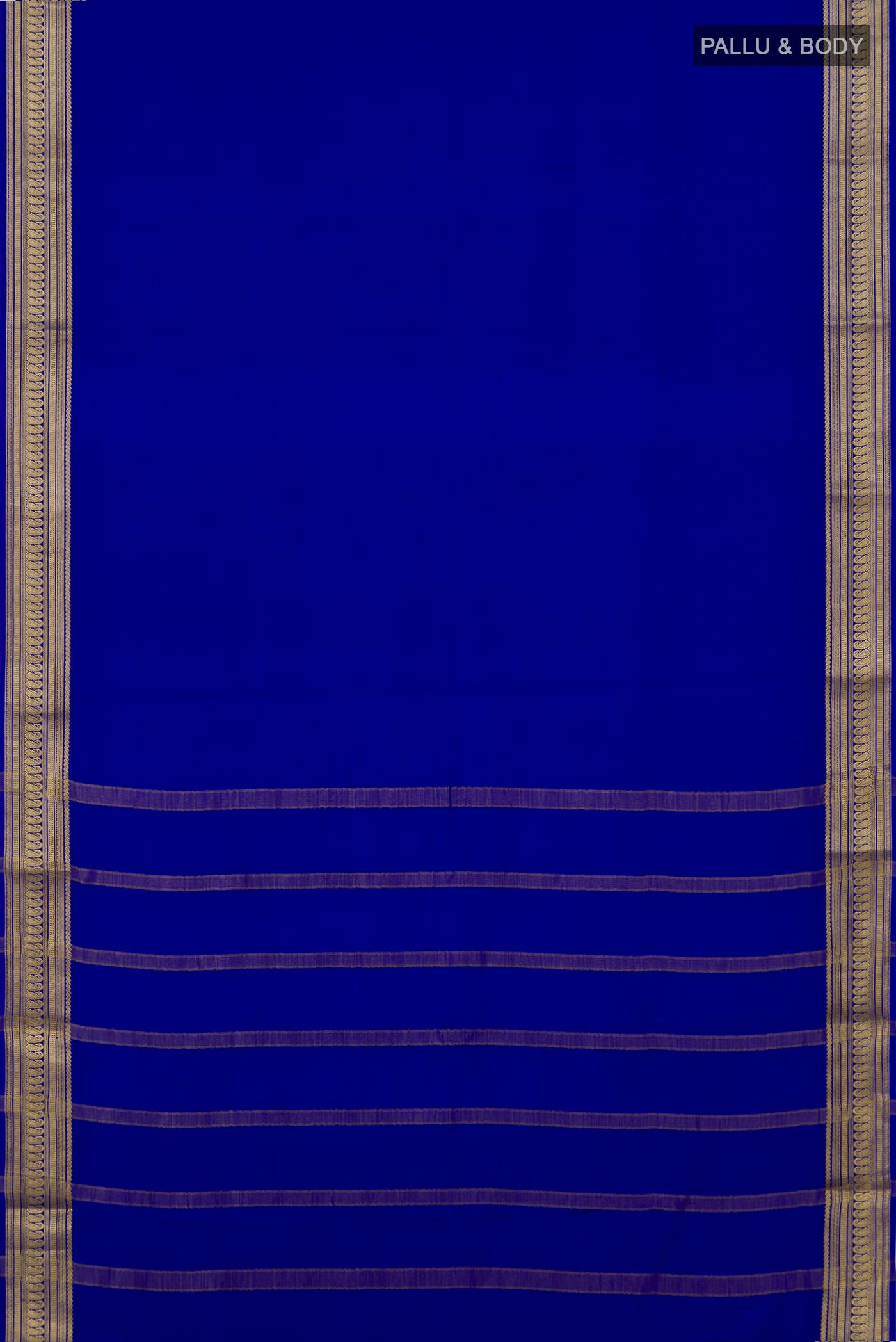 Flat view of Royal Blue Mysore Crepe Saree with Plain Body and Zari Border. 