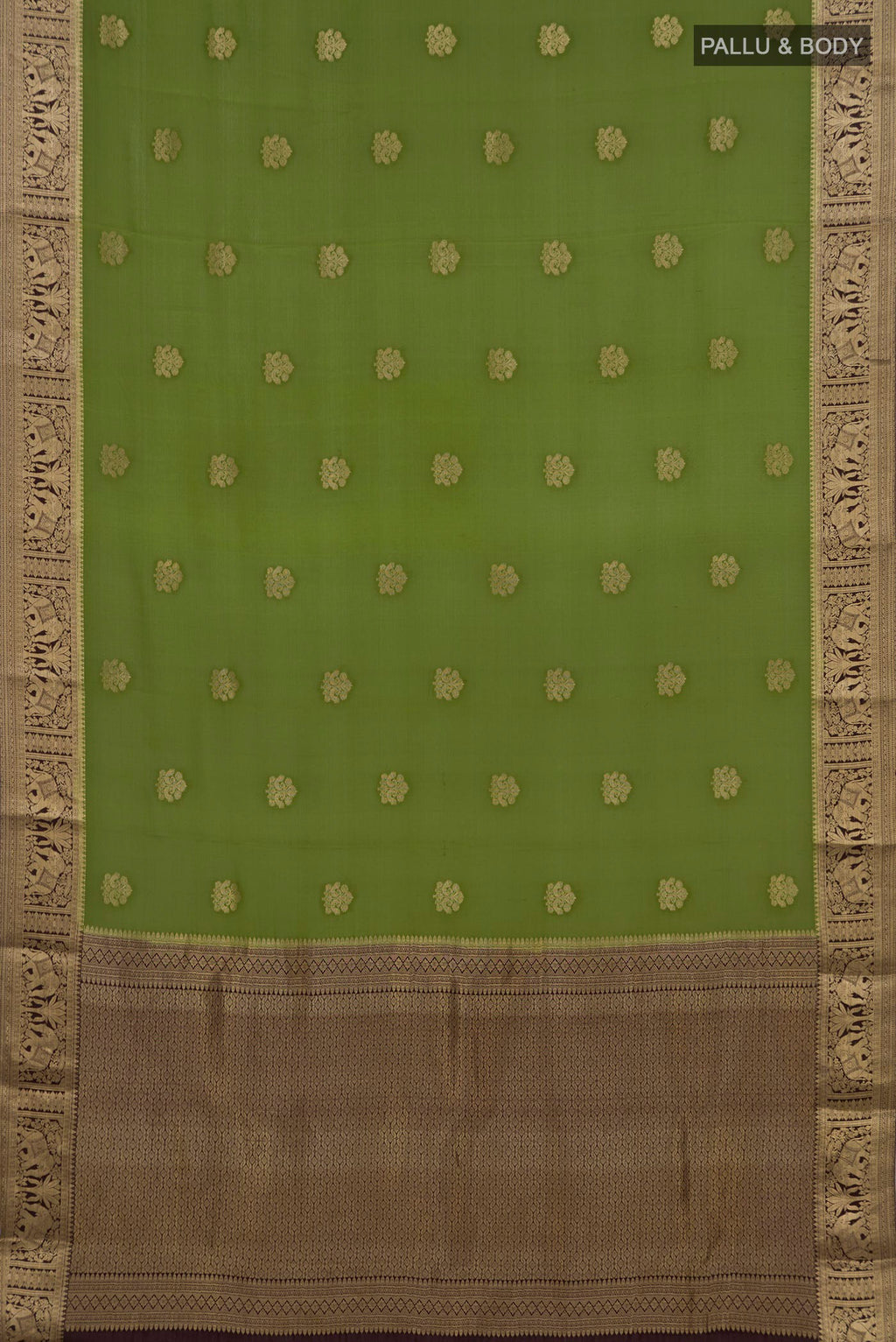 Flat view of Mehandi Green Mysore Crepe Saree with Zari Butta on the body and Zari Border. 