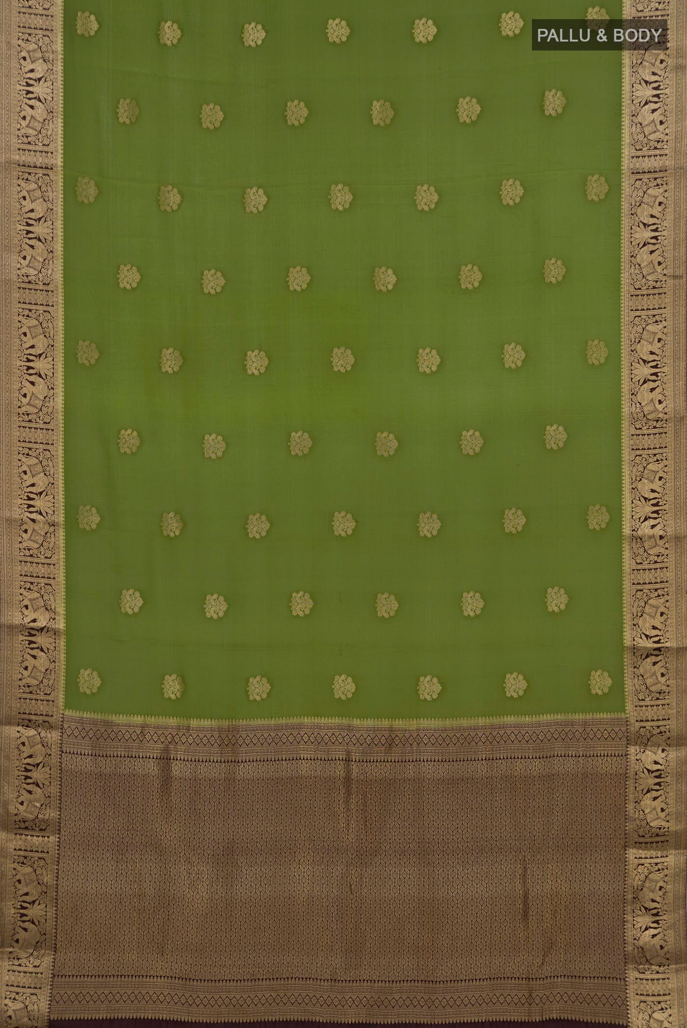 Flat view of Mehandi Green Mysore Crepe Saree with Zari Butta on the body and Zari Border. 