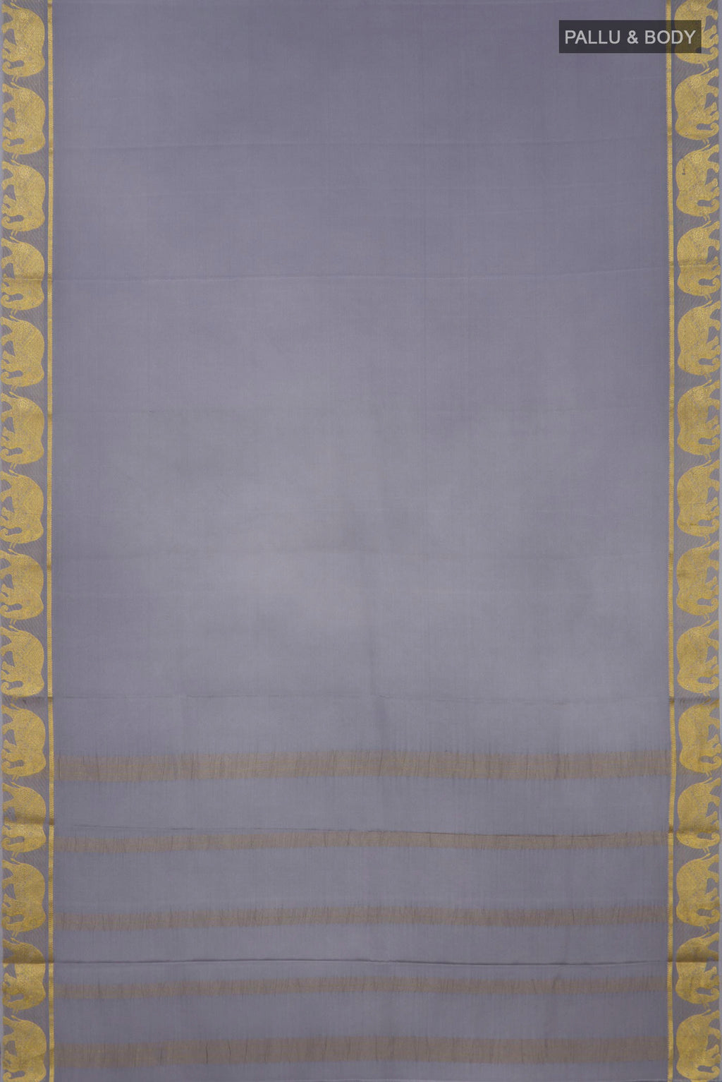 Flat view of Grey Mysore Crepe Saree with Plain Body and Fancy Border. 