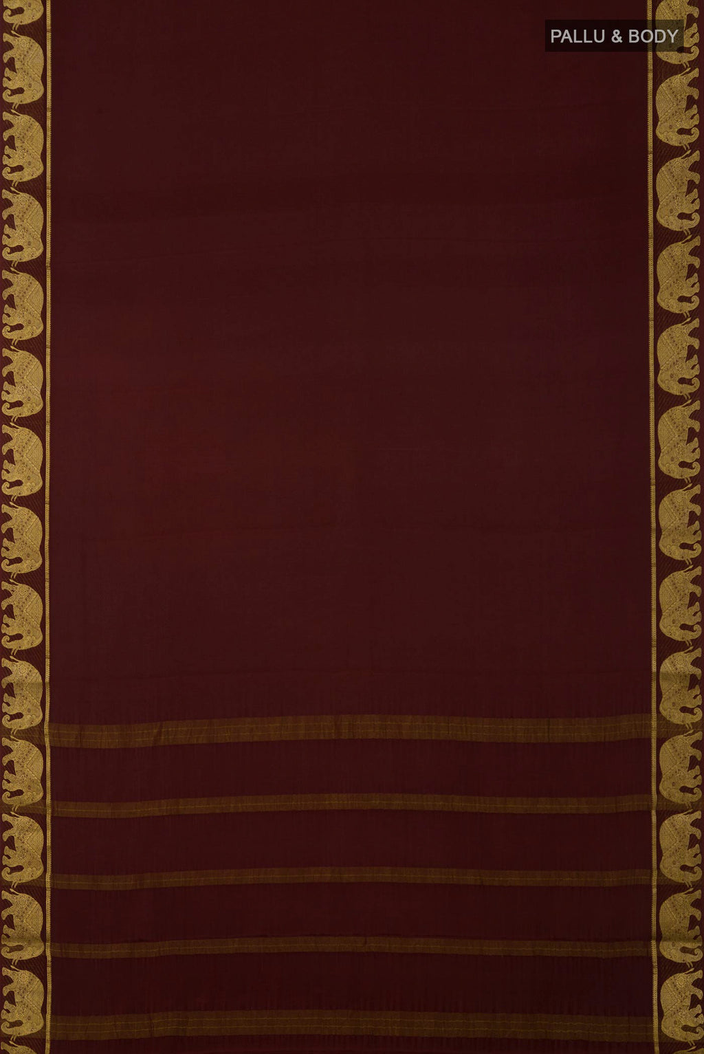 Flat view of Brown Crepe Saree with Plain Body and Fancy Border. 
