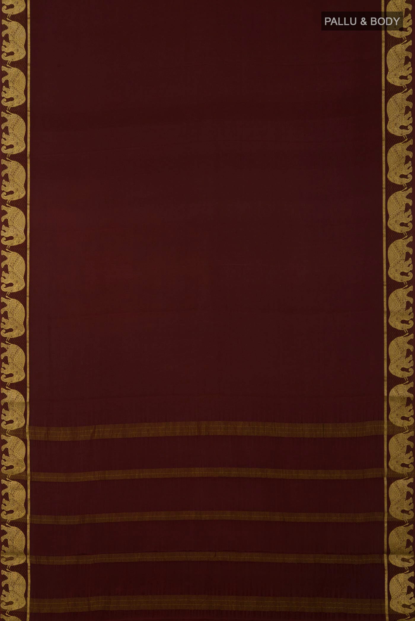 Flat view of Brown Crepe Saree with Plain Body and Fancy Border. 