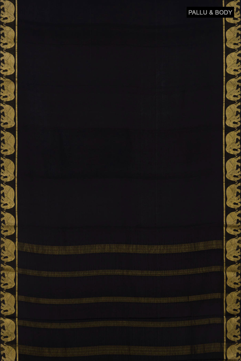Flat view of Black Mysore Crepe Saree with Plain Body and Fancy Border. 