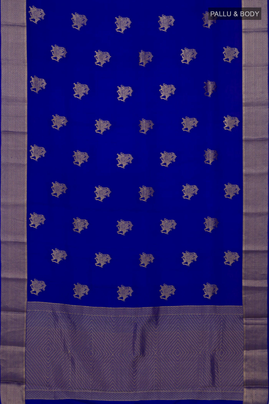 Flat view of Royal Blue Mysore Crepe Saree with Zari Butta on the body and Zari Border. 