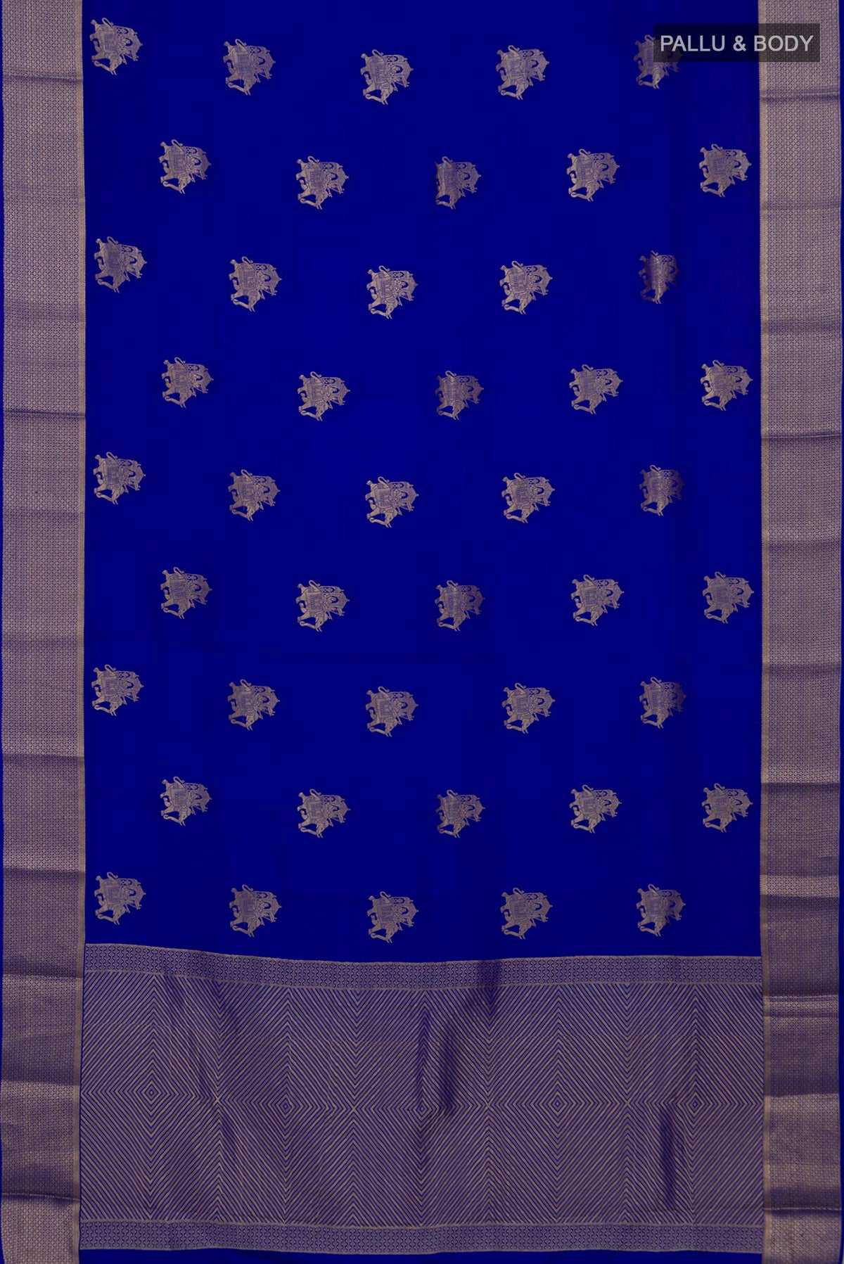 Flat view of Royal Blue Mysore Crepe Saree with Zari Butta on the body and Zari Border. 