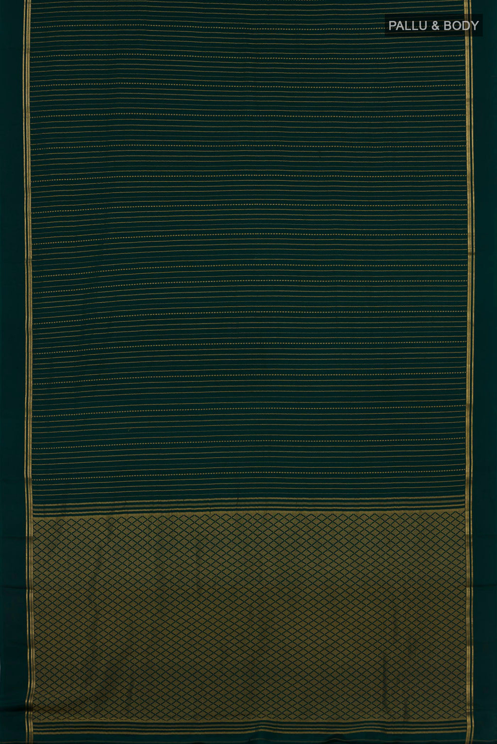 Flat view of Bottle Green Mysore Crepe Saree with Stripes on the body and Thin Zari Line. 