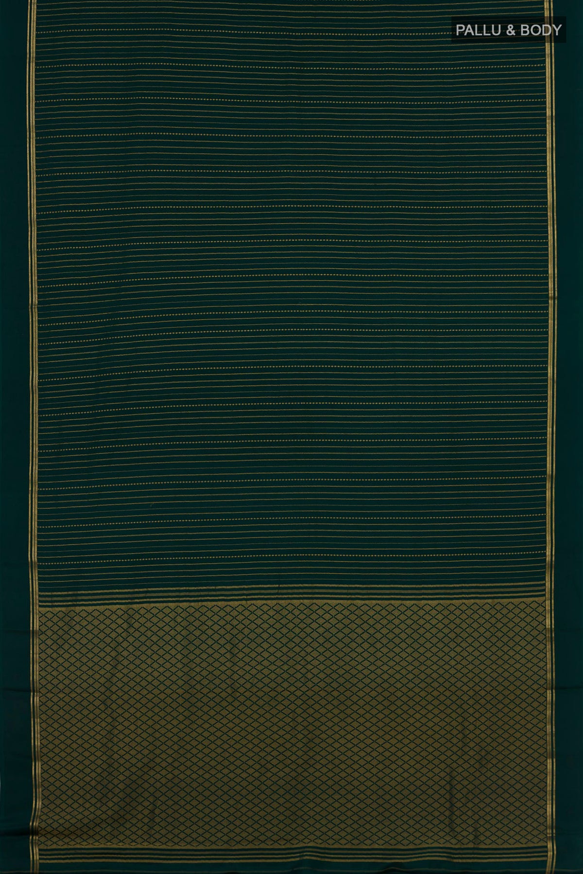 Flat view of Bottle Green Mysore Crepe Saree with Stripes on the body and Thin Zari Line. 