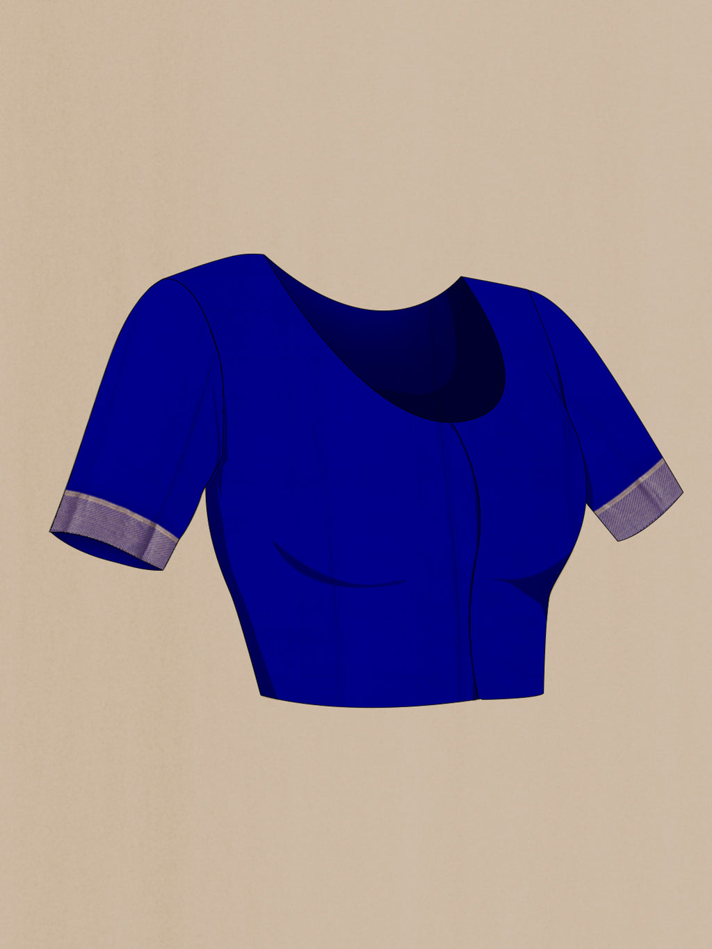 Close up image of the blouse of Royal Blue Mysore Crepe Saree with Zari Butta on the body and Zari Border. 