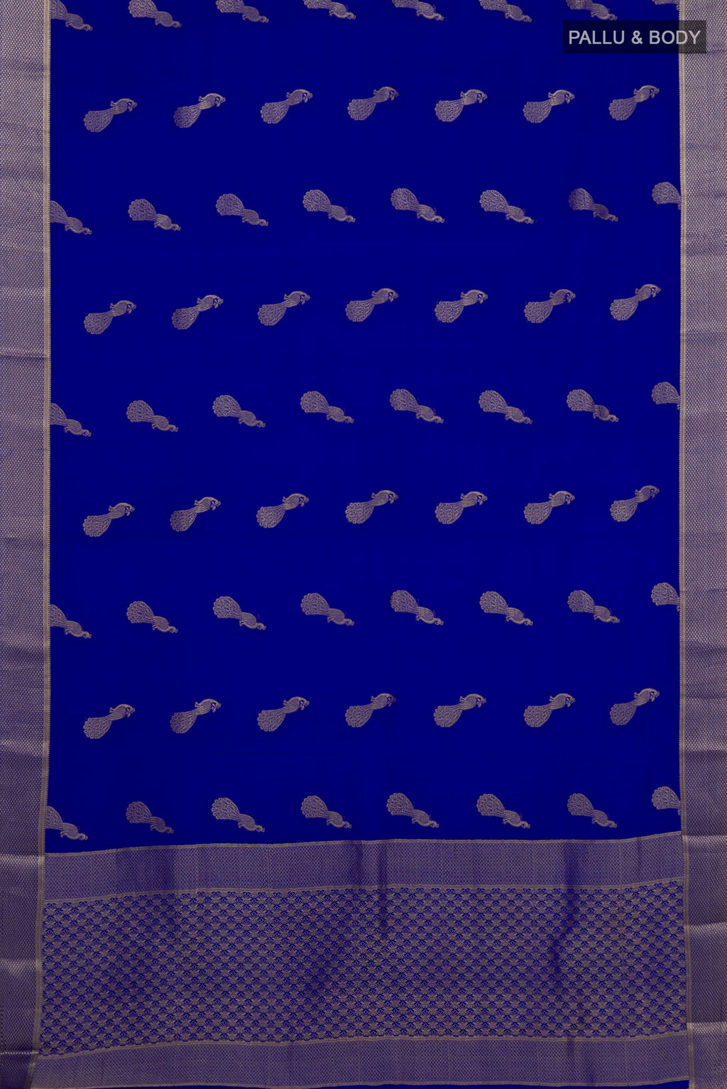 Flat view of Royal Blue Mysore Crepe Saree with Zari Butta on the body and Zari Border. 