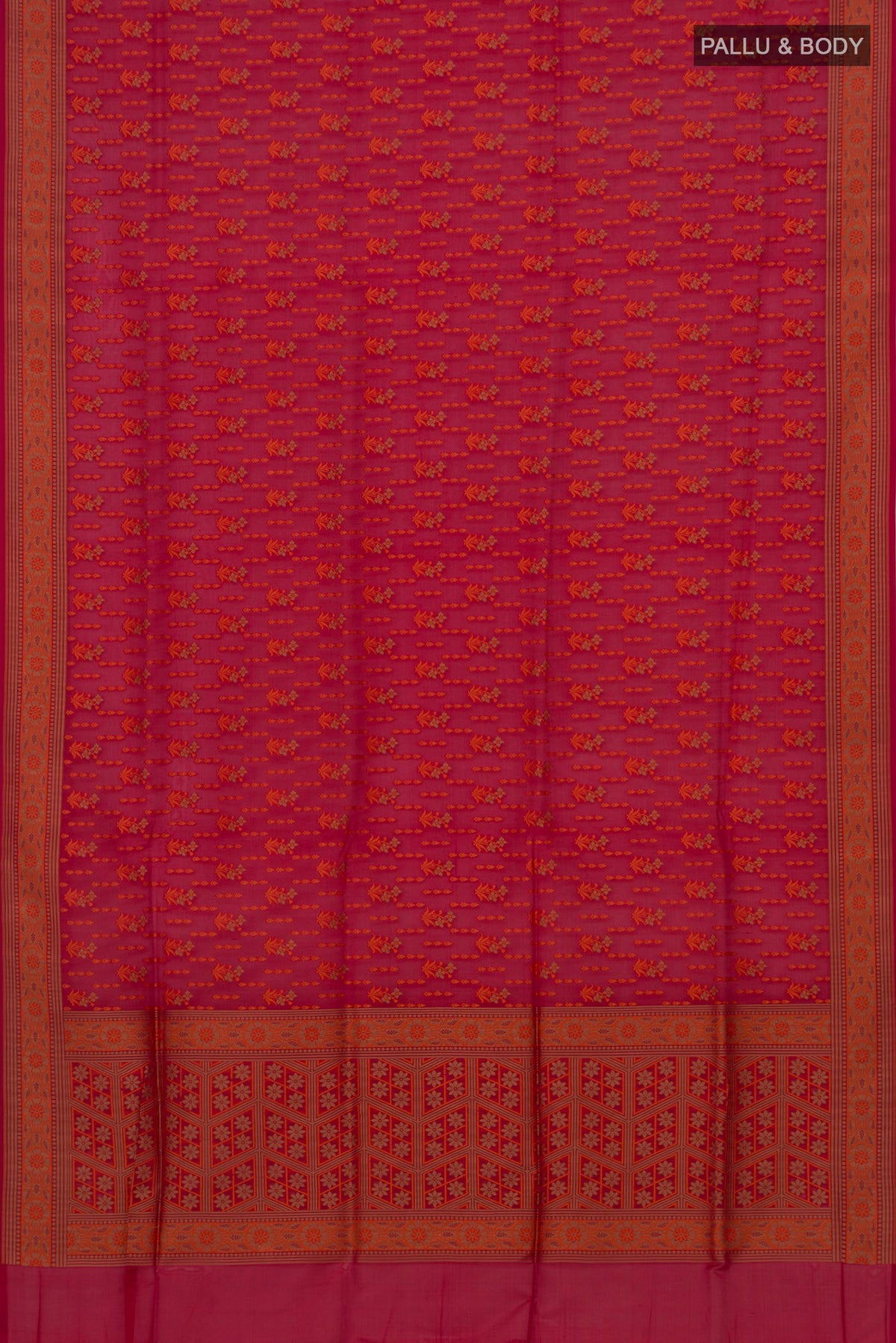 Flat view of Pure Silk Red Banarasi Saree with Thread Butta on the body and Zari Border. 