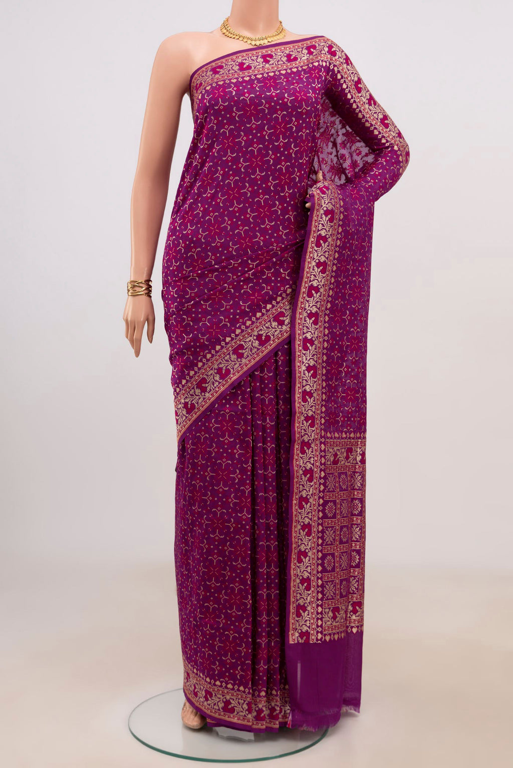 Purple Banarasi Saree with Fancy on the body and Fancy Border.  displayed on a mannequin