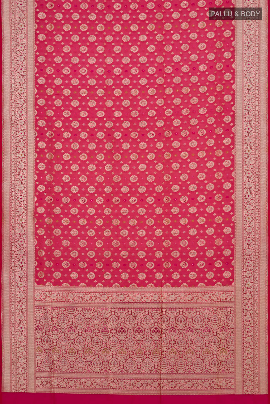 Flat view of Pink Banarasi Silk Saree with Zari And Thread Butta on the body and Zari Border. 