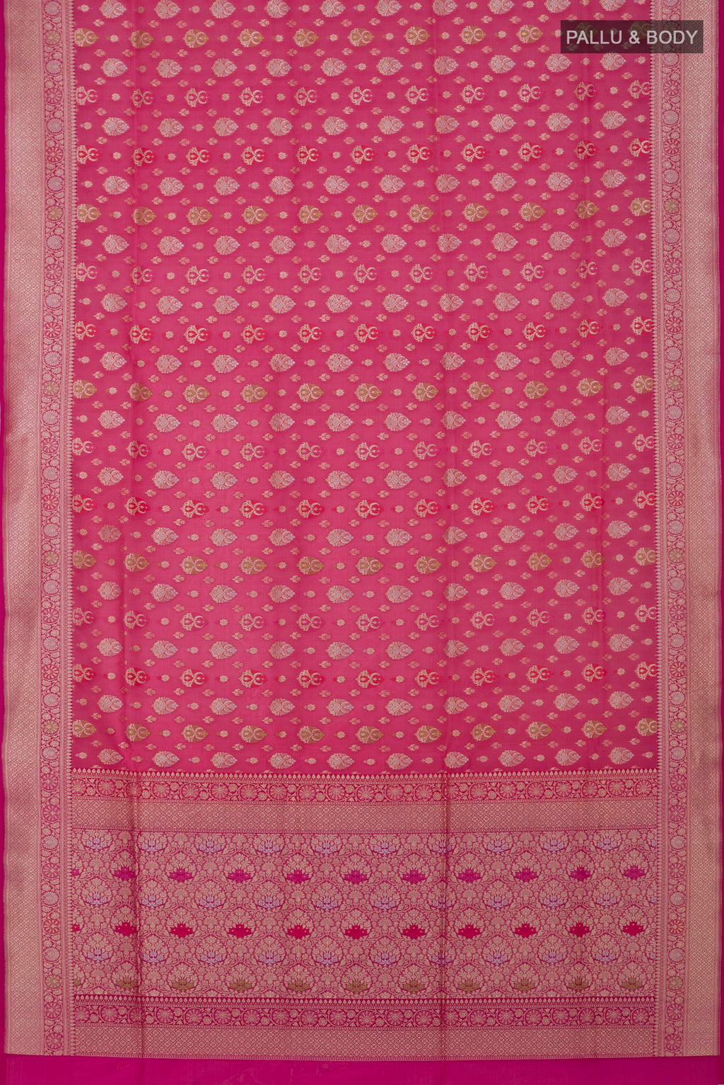 Flat view of Pink Banarasi Saree with Fancy on the body and Fancy Border. 