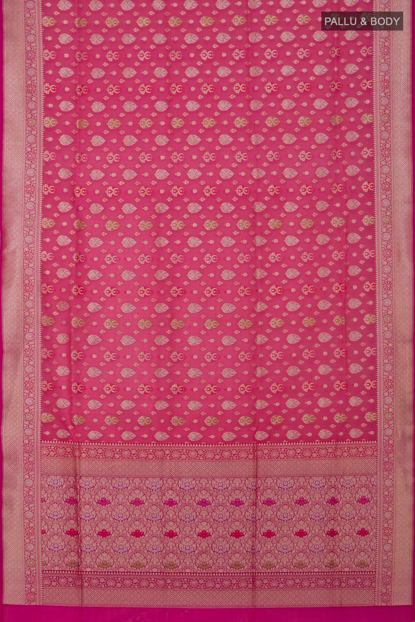 Flat view of Pink Banarasi Saree with Fancy on the body and Fancy Border. 