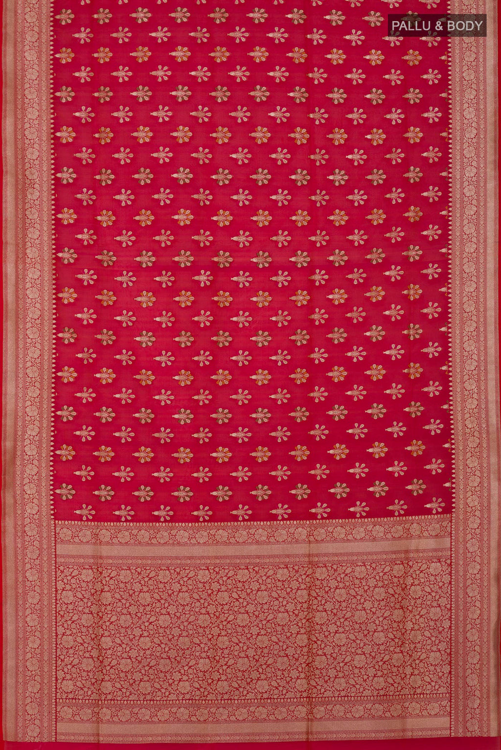 Flat view of Pink Banarasi Saree with Zari Butta on the body and Fancy Border. 